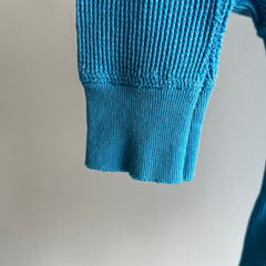 1980s Teal Thermal Waffle Knit Henley with Worn Elbows