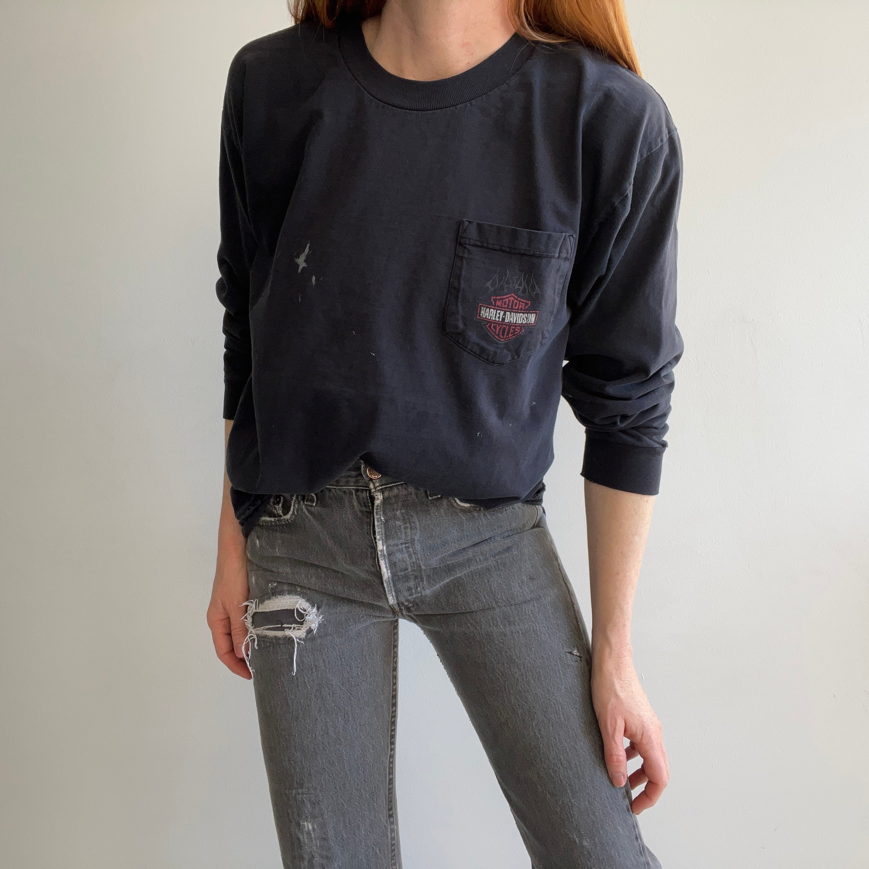 1990s Tattered, Thrashed, Paint Stained Long Sleeve Cotton Harley Pocket T-Shirt