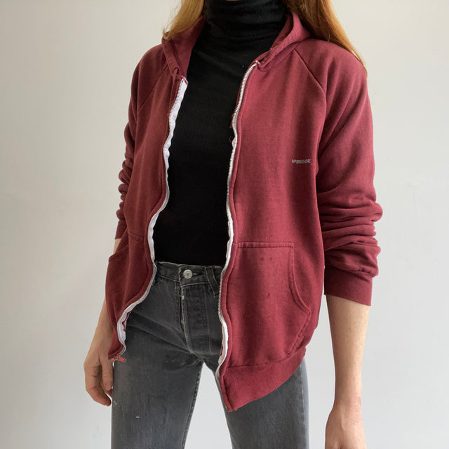 1980s McGregor Soft Faded Burgundy Waffle Lined Zip Up Hoodie