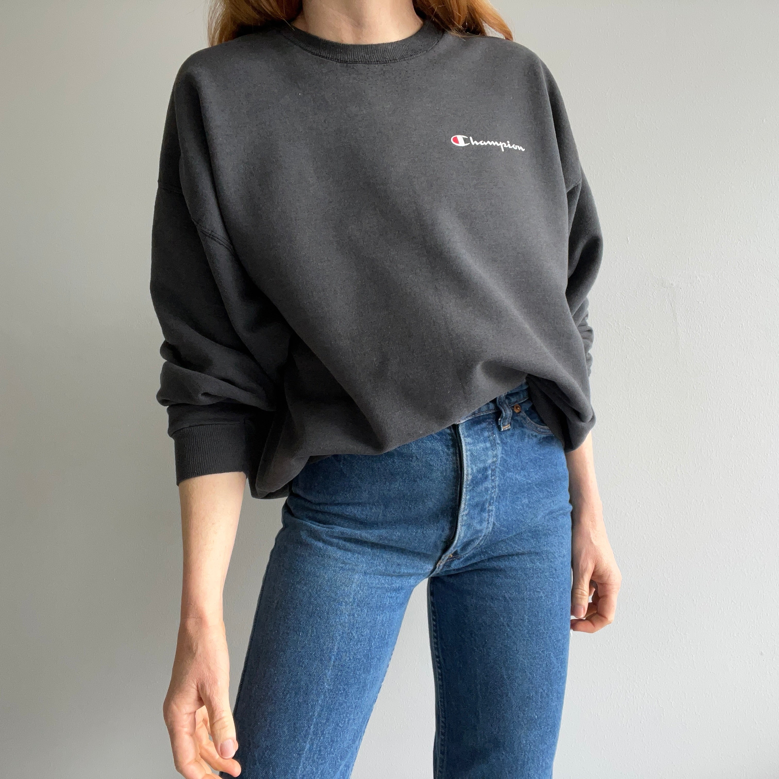 1990s Champion Brand Faded Black To Gray Sweatshirt