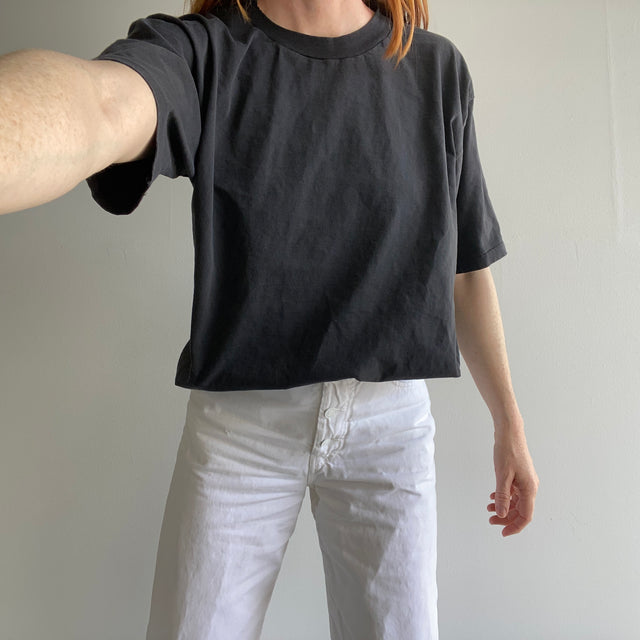1980s Oneita Blank Black Perfectly Faded T-Shirt - Holes