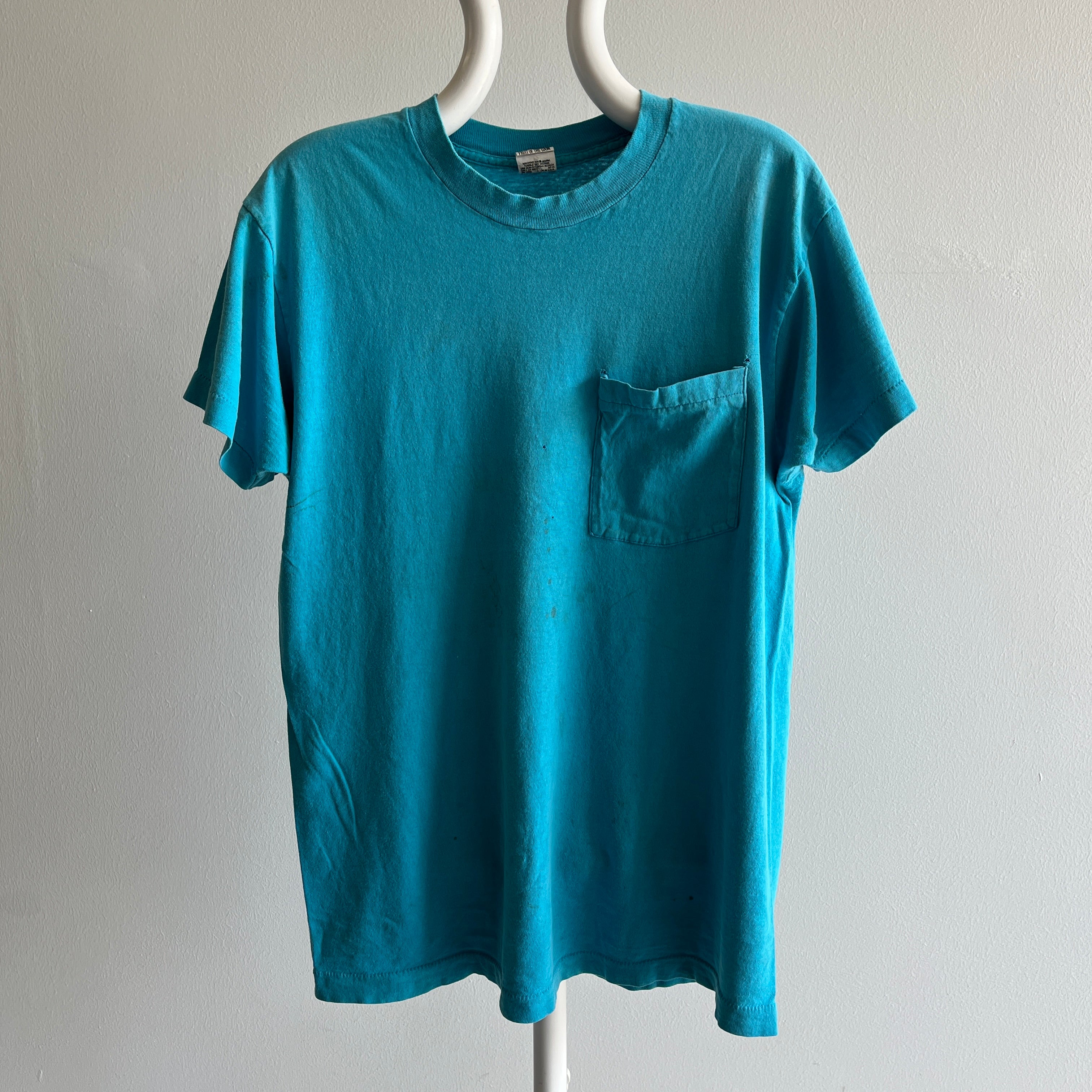 1980s Soft Beat Up Stained and Delightful FOTL Blank Teal Pocket T-Shirt - THIS IS GREAT!!