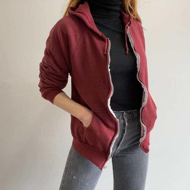 1980s McGregor Soft Faded Burgundy Waffle Lined Zip Up Hoodie