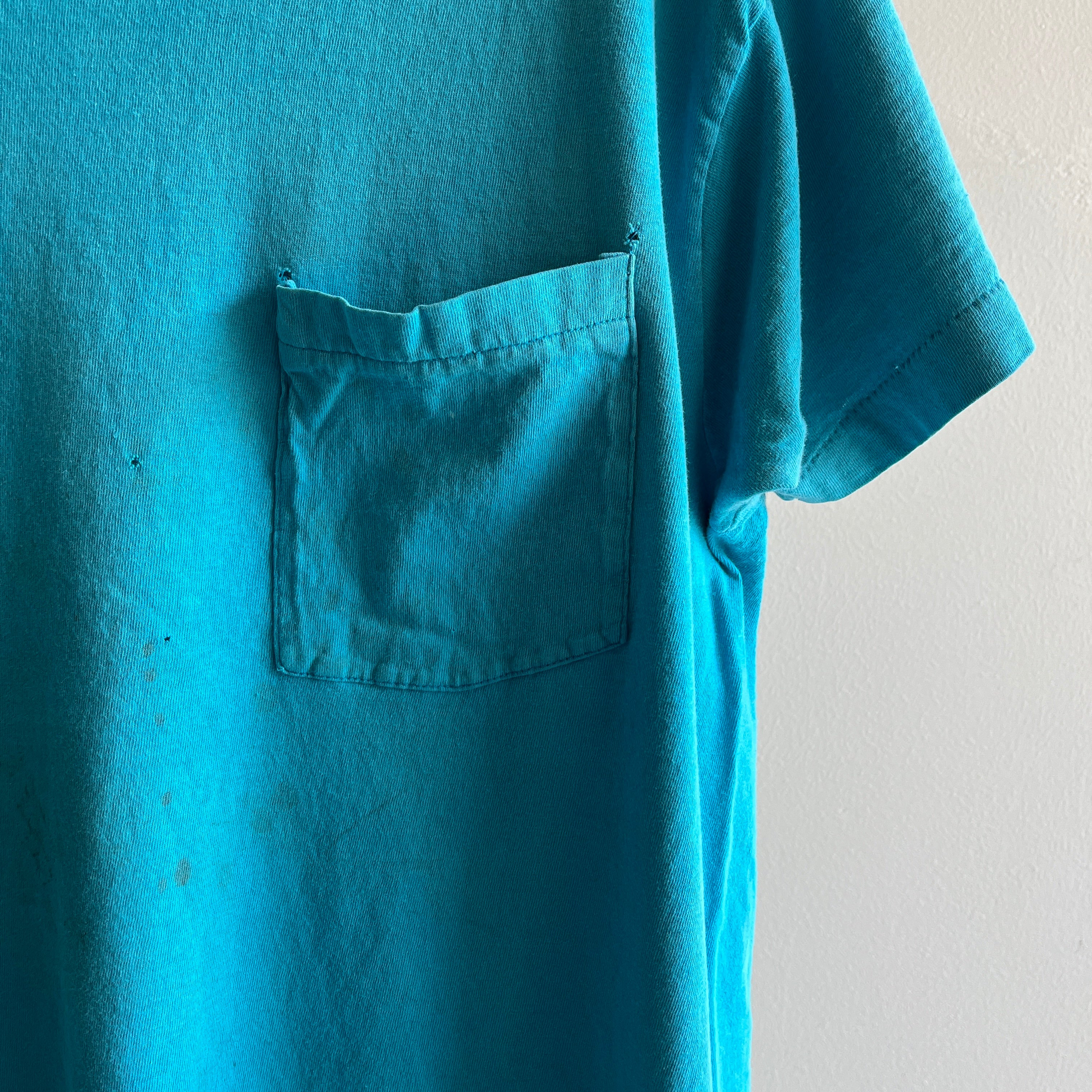 1980s Soft Beat Up Stained and Delightful FOTL Blank Teal Pocket T-Shirt - THIS IS GREAT!!