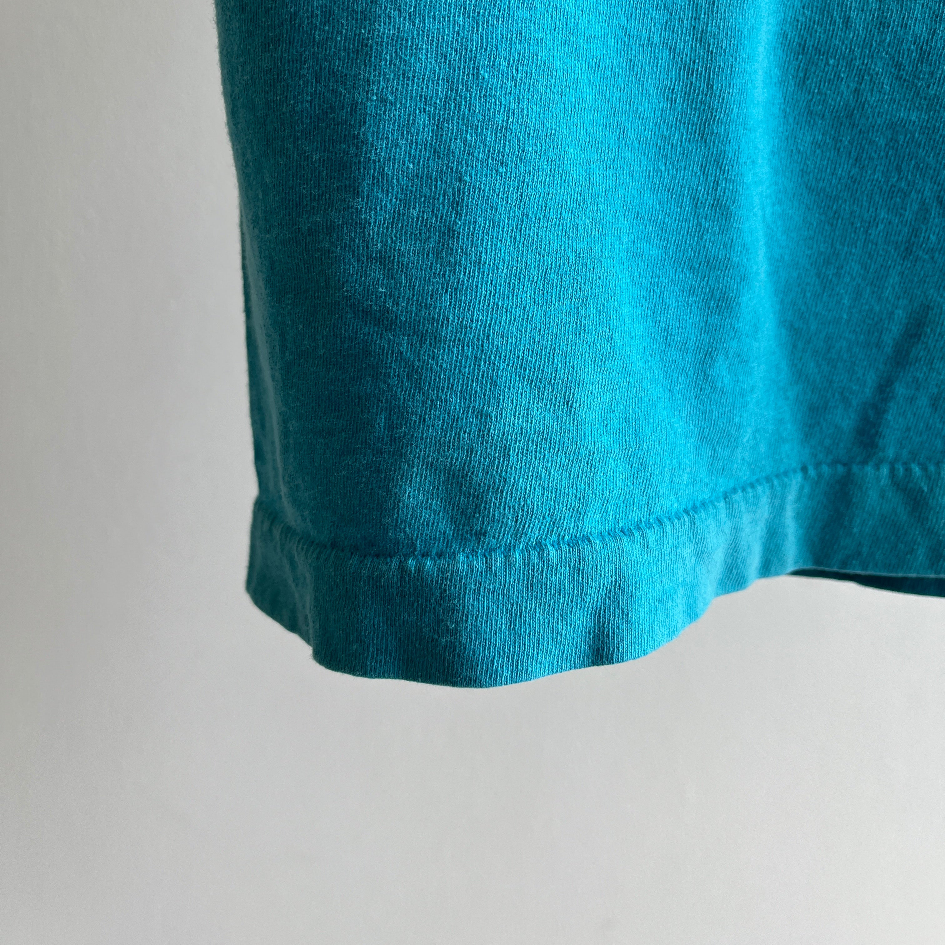 1980s Soft Beat Up Stained and Delightful FOTL Blank Teal Pocket T-Shirt - THIS IS GREAT!!