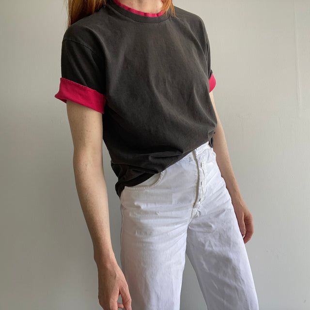 T-shirt noir et rouge en coton bicolore FOTL des années 1980