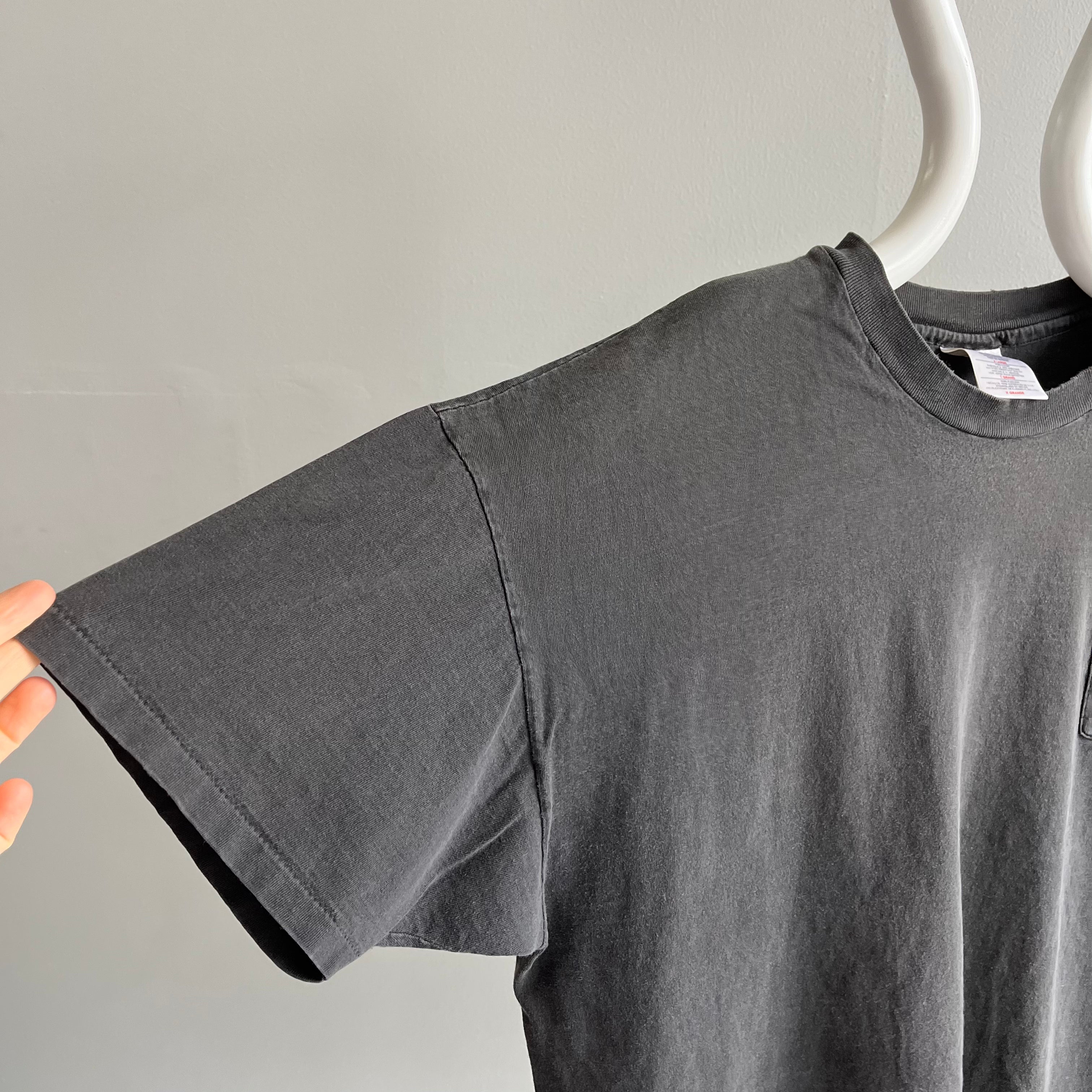 1990s Faded and Worn Boxy Blank Black Pocket T-Shirt