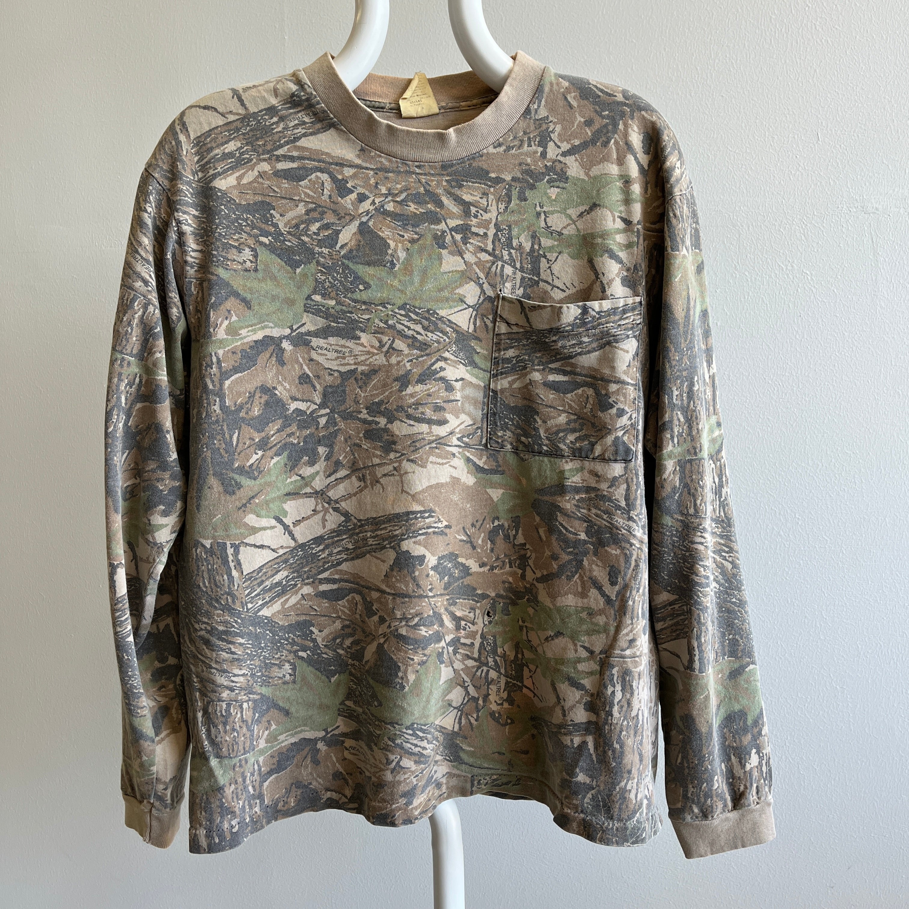 1980s Duxbak Long Sleeved Nicely Beat Up Cotton Hunting Mock Neck Camo Pocket Shirt