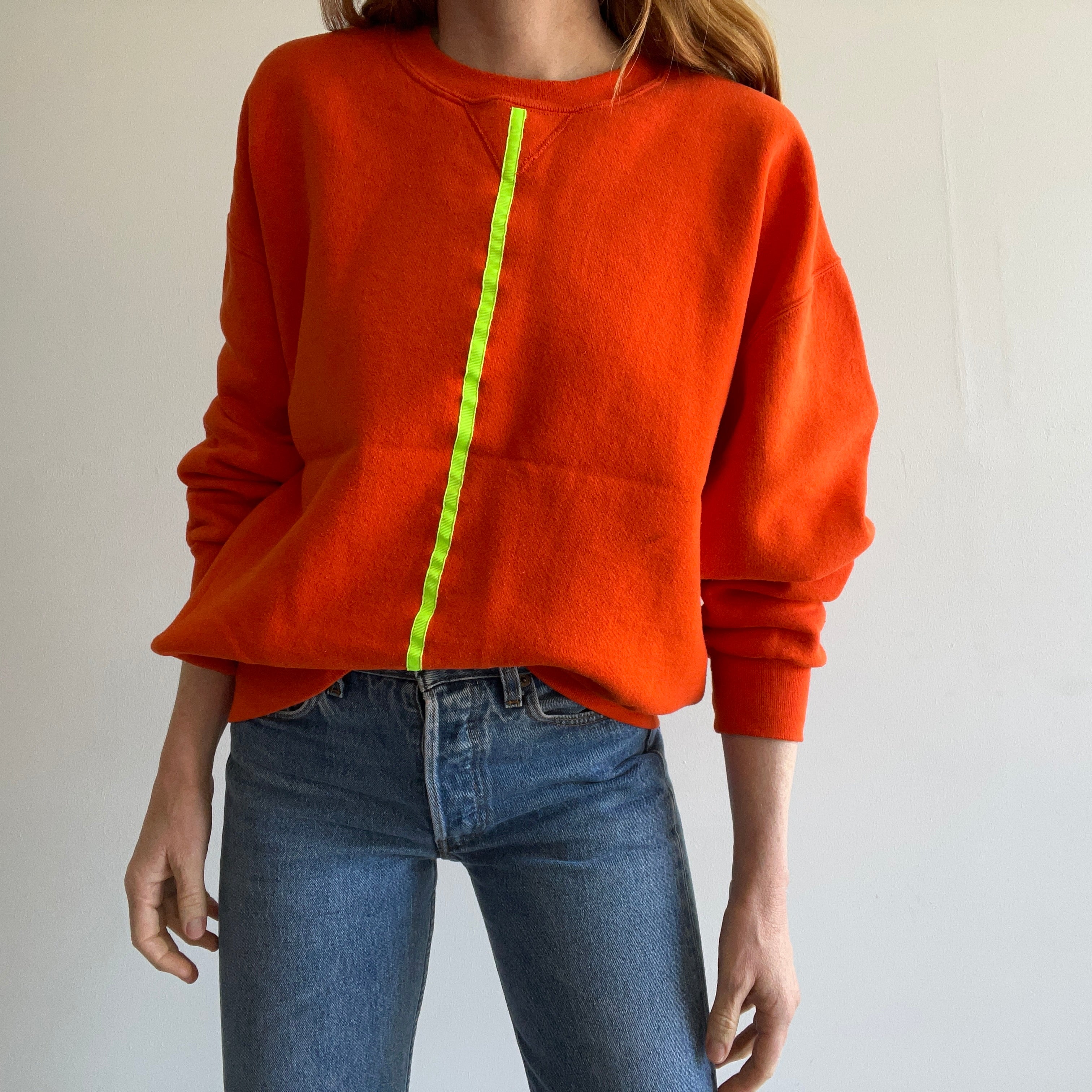 1990s DIY Orange and Neon Yellow Sweatshirt by Russell