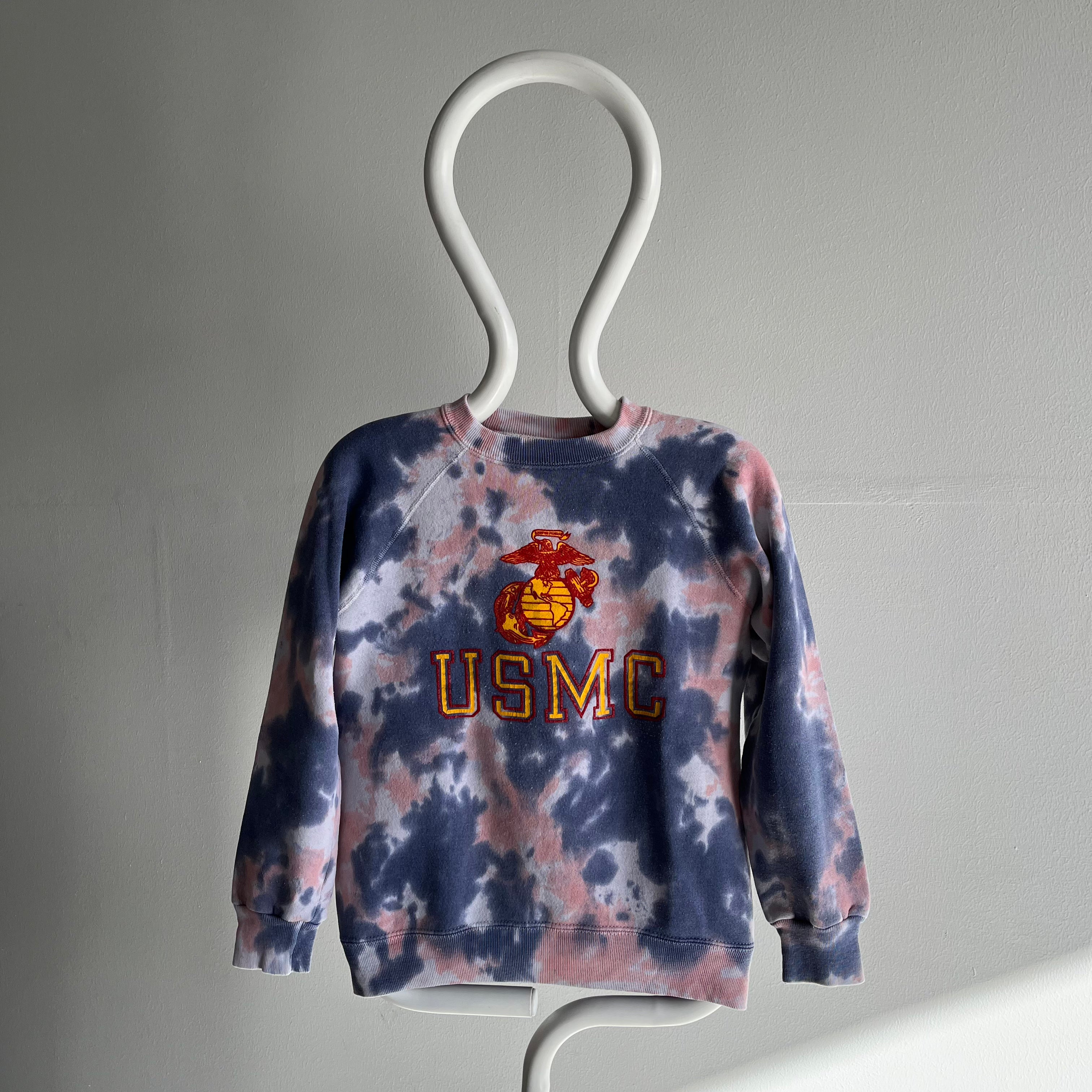 1980s DIY Tie Dyed United States Marine Corps Smaller Sized Sweatshirt