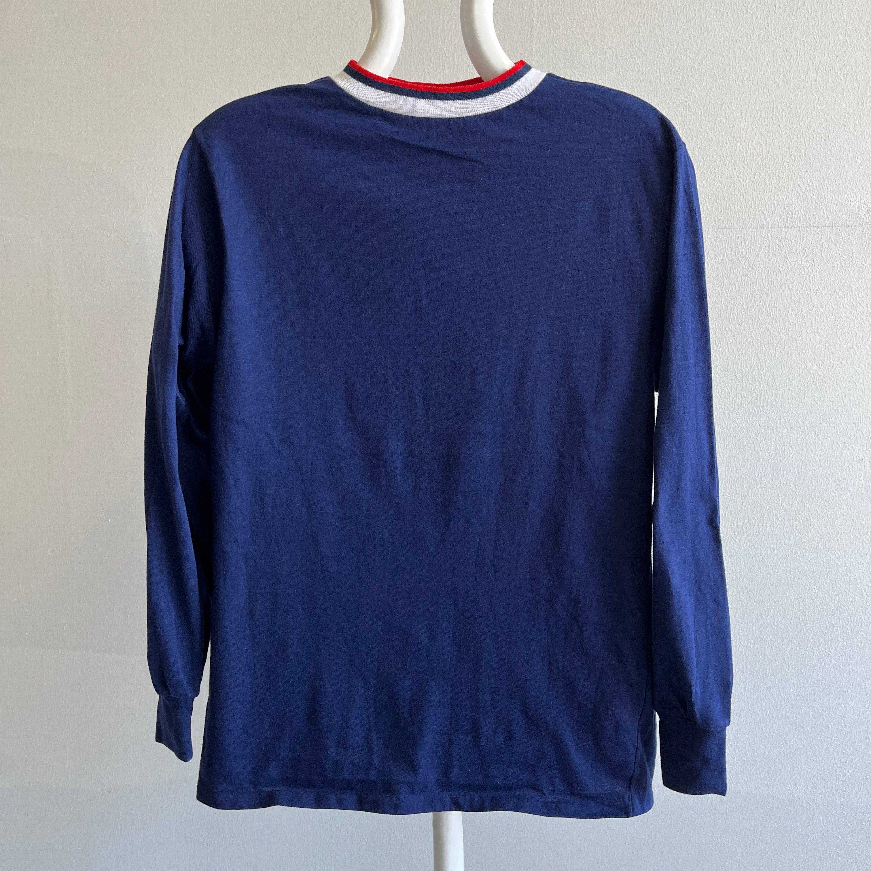 1970s Striped Collar Red, White and Blue Long Sleeve T-Shirt