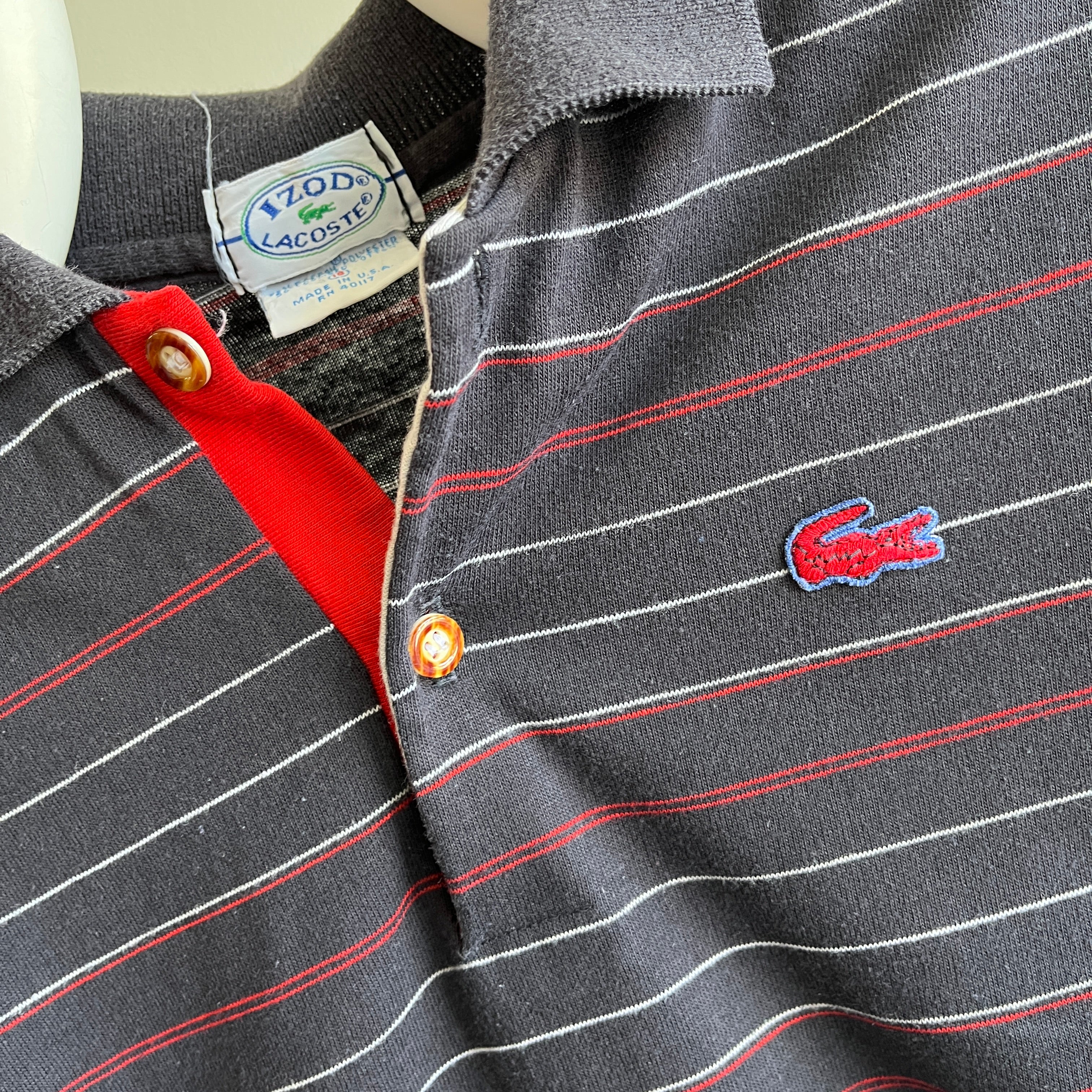 GG - 1980s IZOD Lacoste Long Sleeve Striped Polo Shirt - Smaller Size