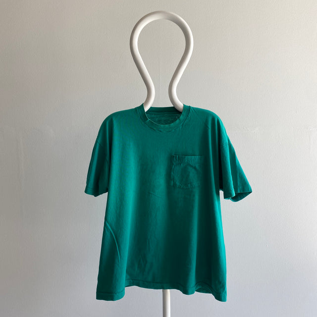 T-shirt de poche en coton blanc FOTL des années 1980 sarcelle/vert