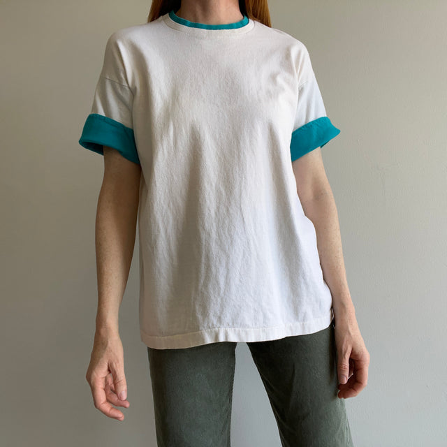 1980s Color Block Teal and White Cotton T-Shirt by FOTL