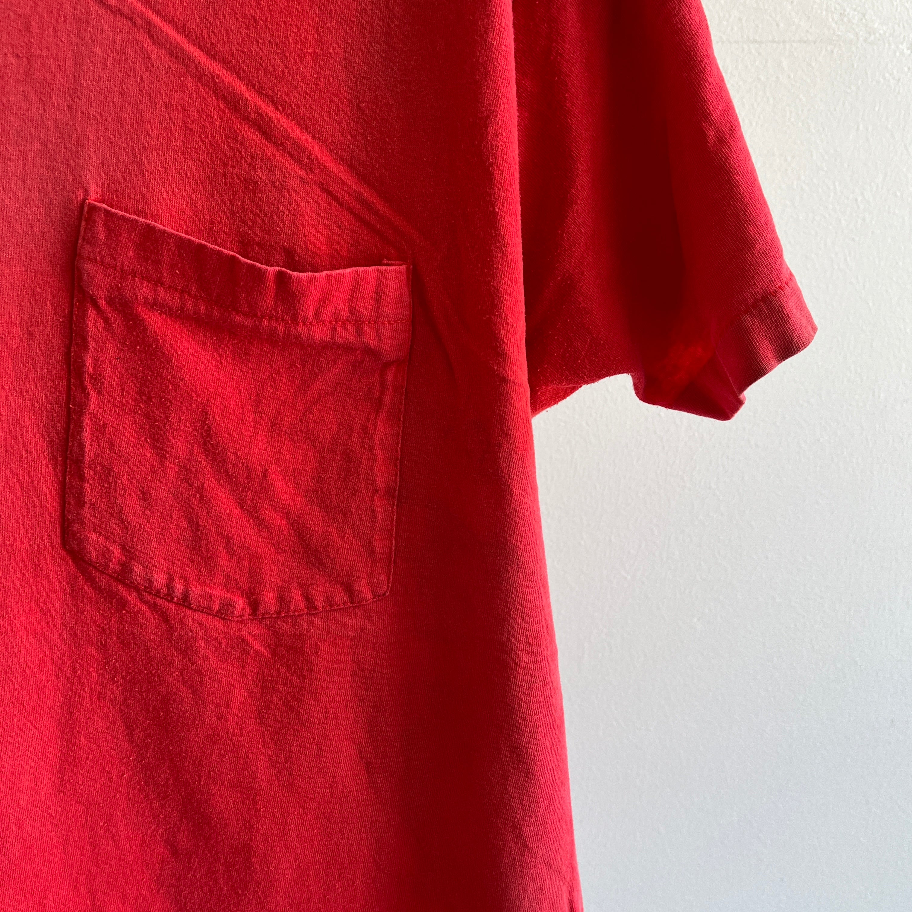 GG 1980s Nicely Worn and Age Stained Faded Blank Red Cotton Pocket T-Shirt