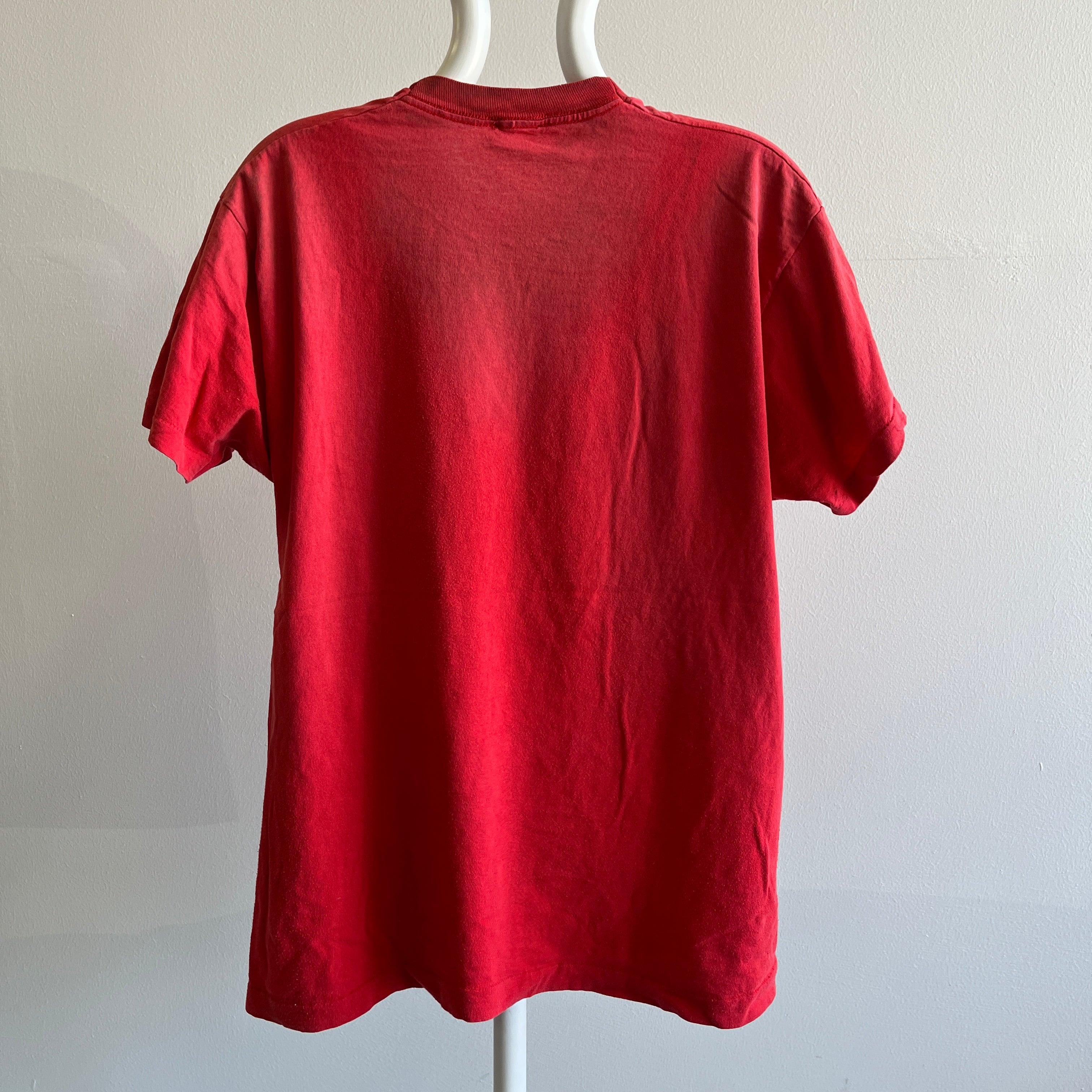GG 1980s Nicely Worn and Age Stained Faded Blank Red Cotton Pocket T-Shirt