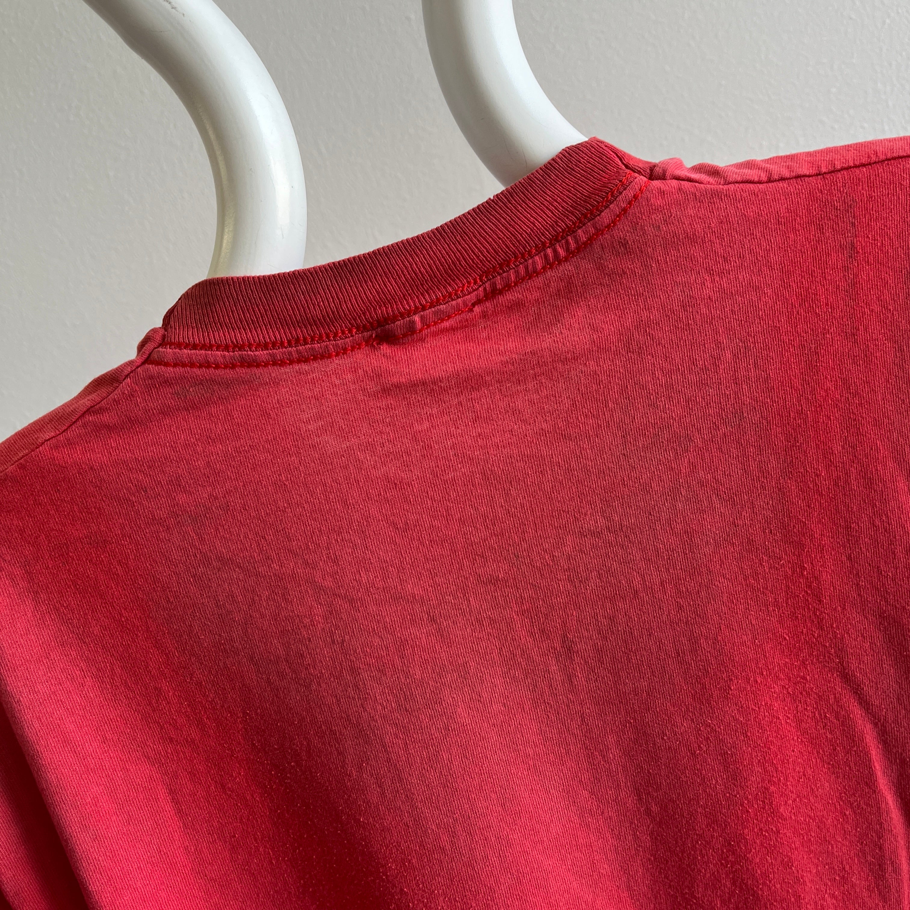 GG 1980s Nicely Worn and Age Stained Faded Blank Red Cotton Pocket T-Shirt