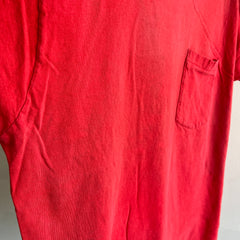 GG 1980s Nicely Worn and Age Stained Faded Blank Red Cotton Pocket T-Shirt