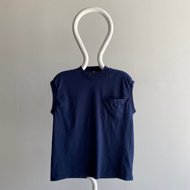 1980s Barely Worn Navy Pocket Muscle Tank Top