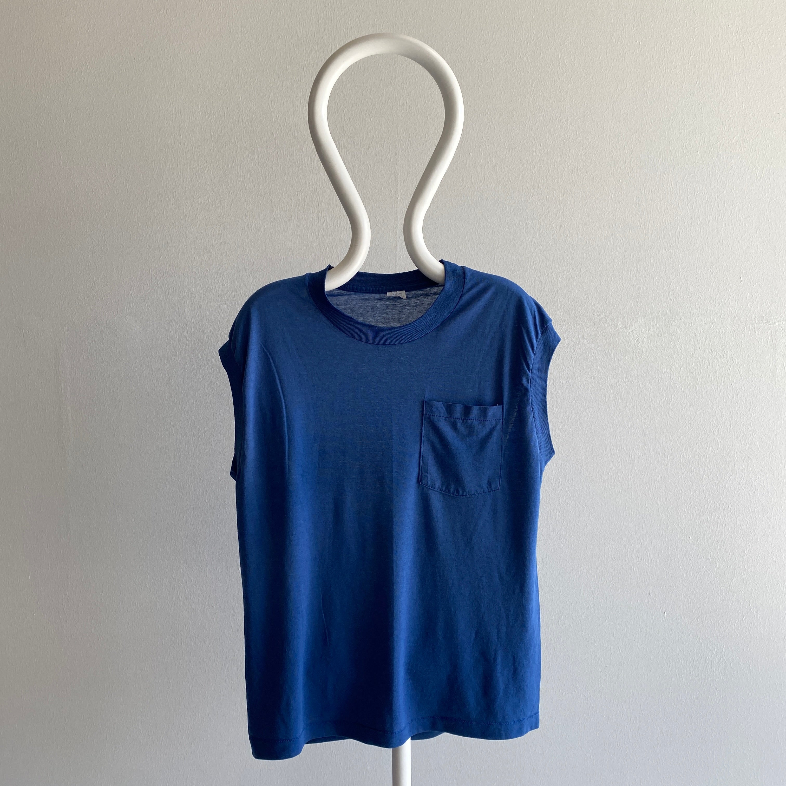 1980s Barely Worn Navy Pocket Muscle Tank Top