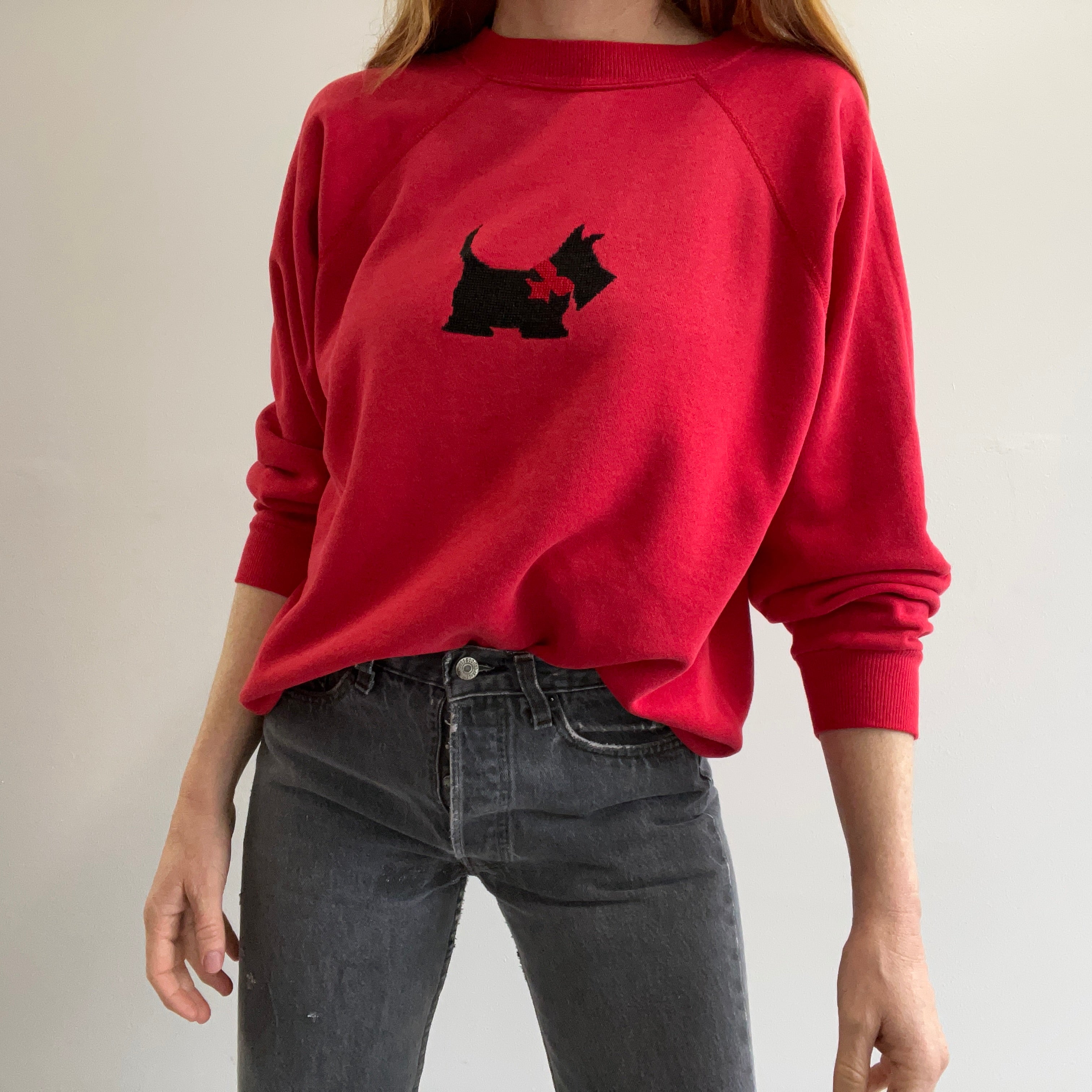 1980/90s Needlepoint Scottie on a Hanes Her Way Raglan - Awwwww