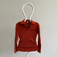 1970s Never Worn Rusty Stretchy Long Sleeve Fitted Polo - WOWOWOW
