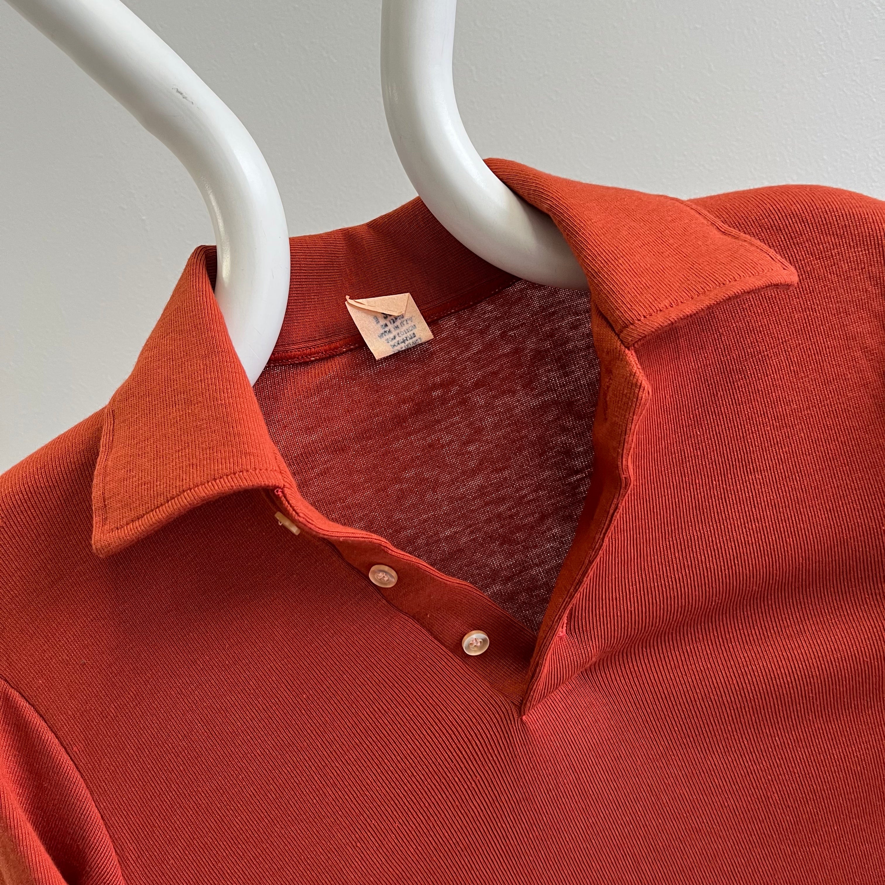 1970s Never Worn Rusty Stretchy Long Sleeve Fitted Polo - WOWOWOW