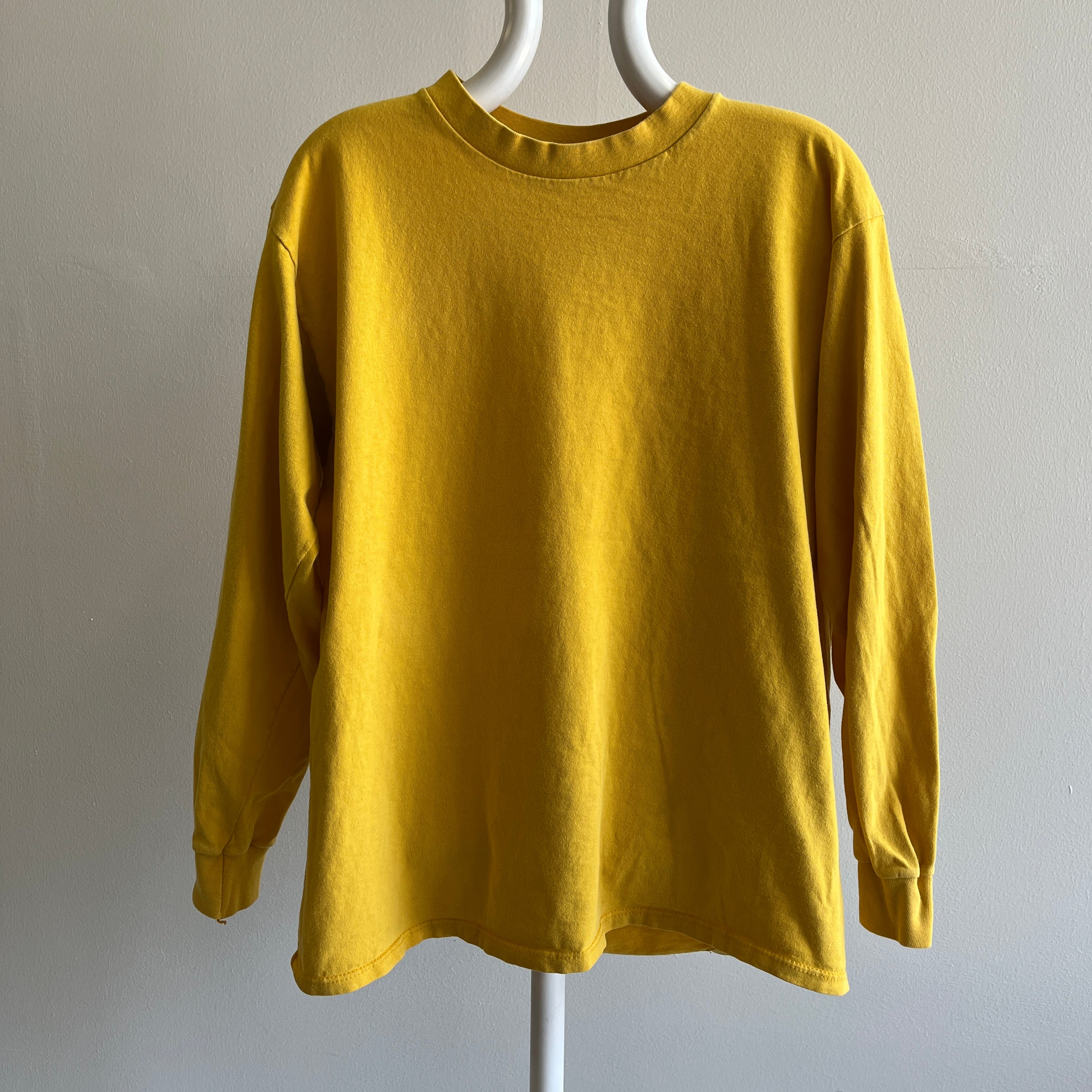 1980s Harley Brand Blank Long Sleeve Mustard/Marigold Long Sleeve Cotton T-Shirt