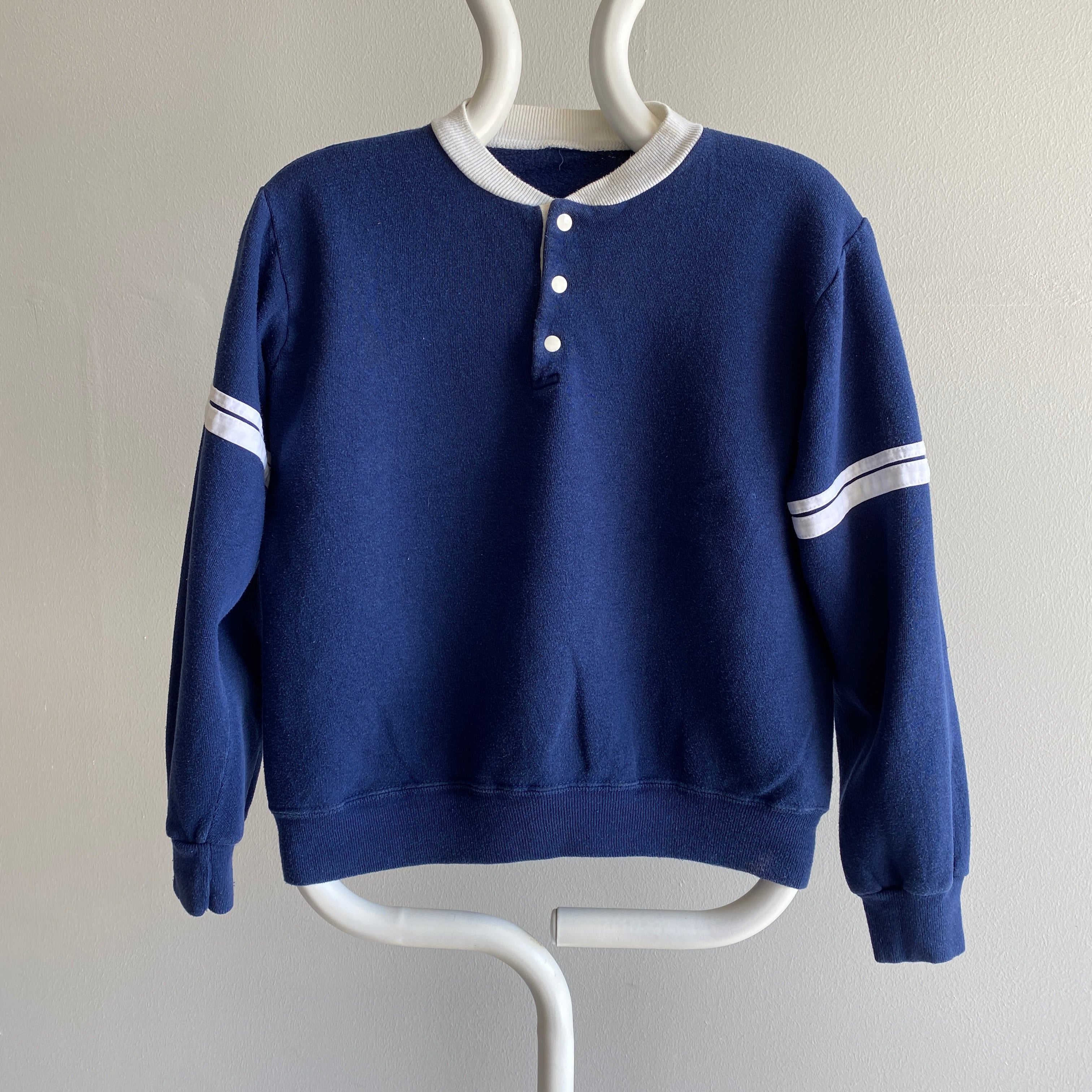 1980s Really Cool Henley Two Tone Striped Sleeve Sweatshirt