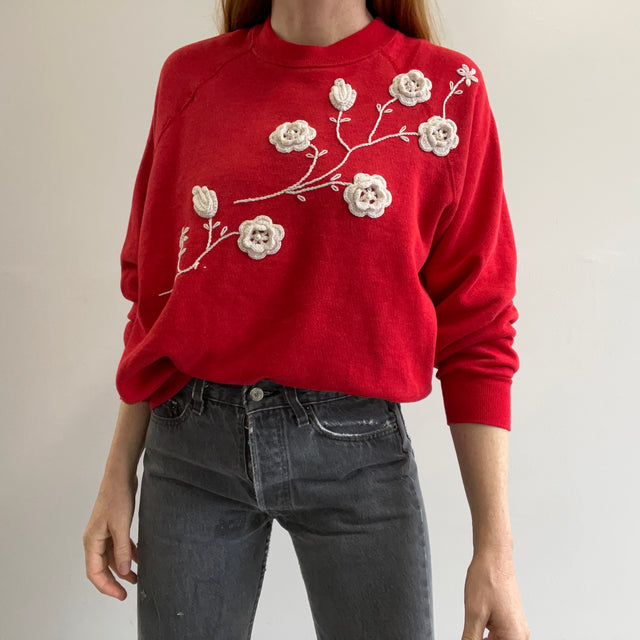 1980s Most Delightful Grandma Crocheted Floral DIY Raglan