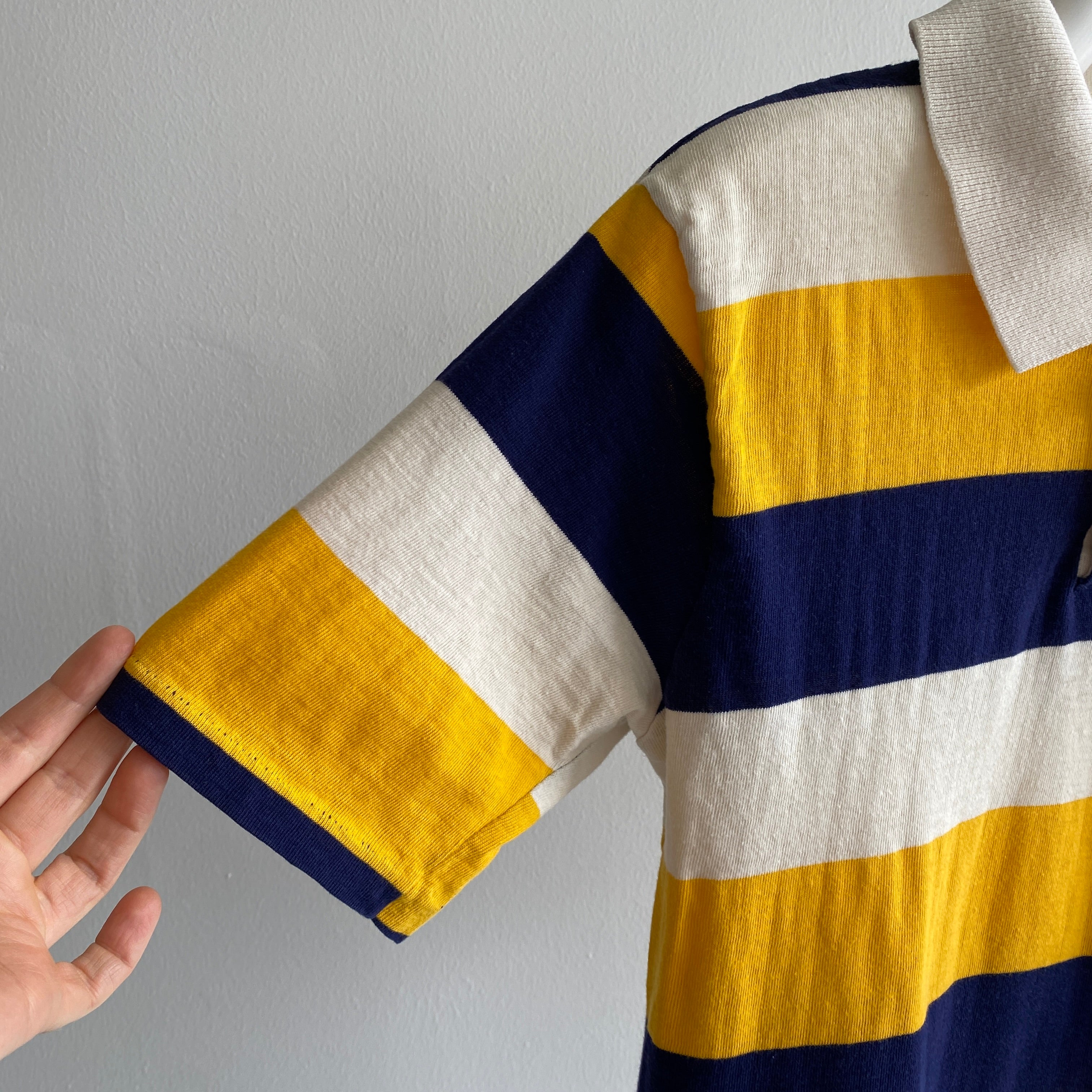 1970s 100% Cotton Navy and Yellow Striped Cotton Polo Shirt