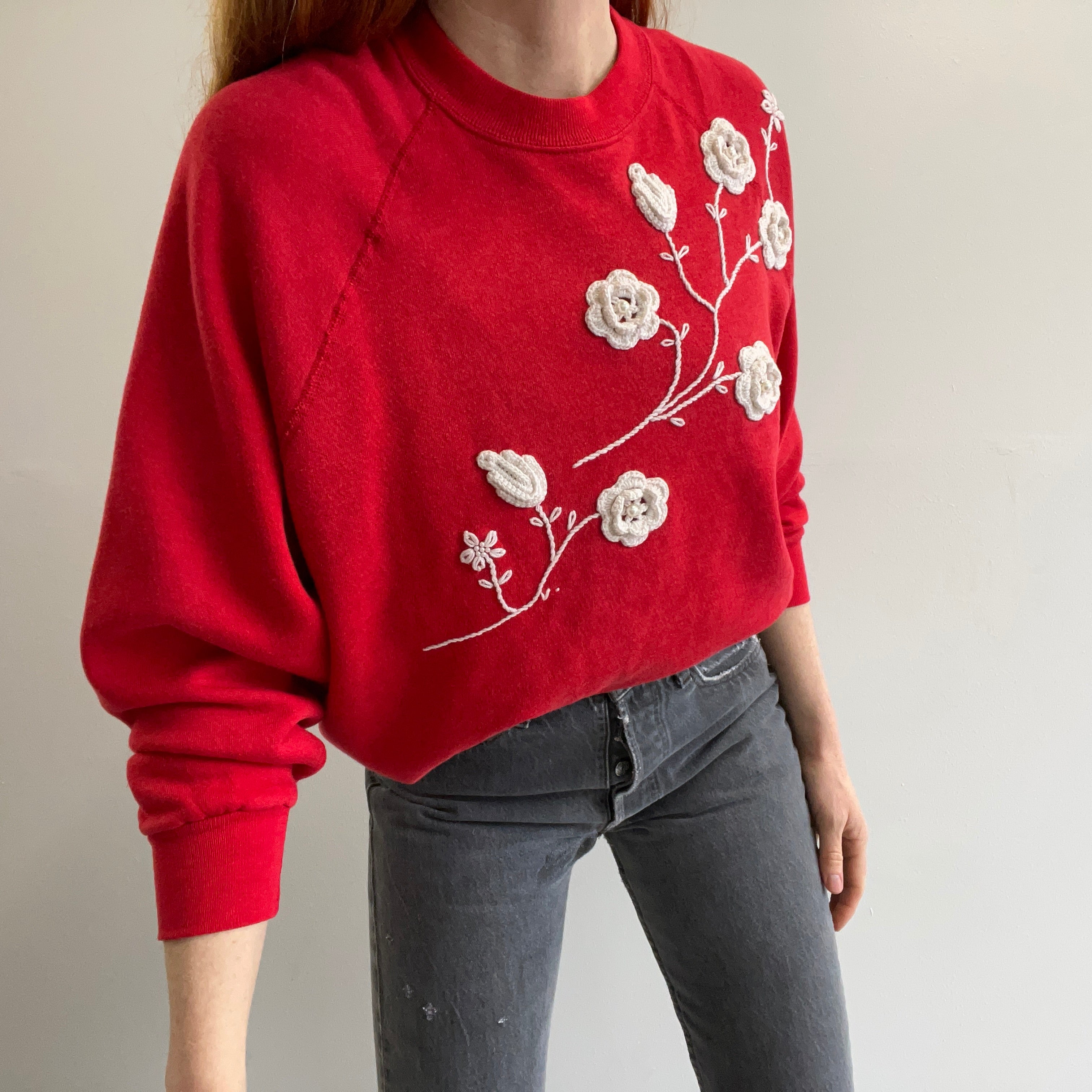 1980s Most Delightful Grandma Crocheted Floral DIY Raglan