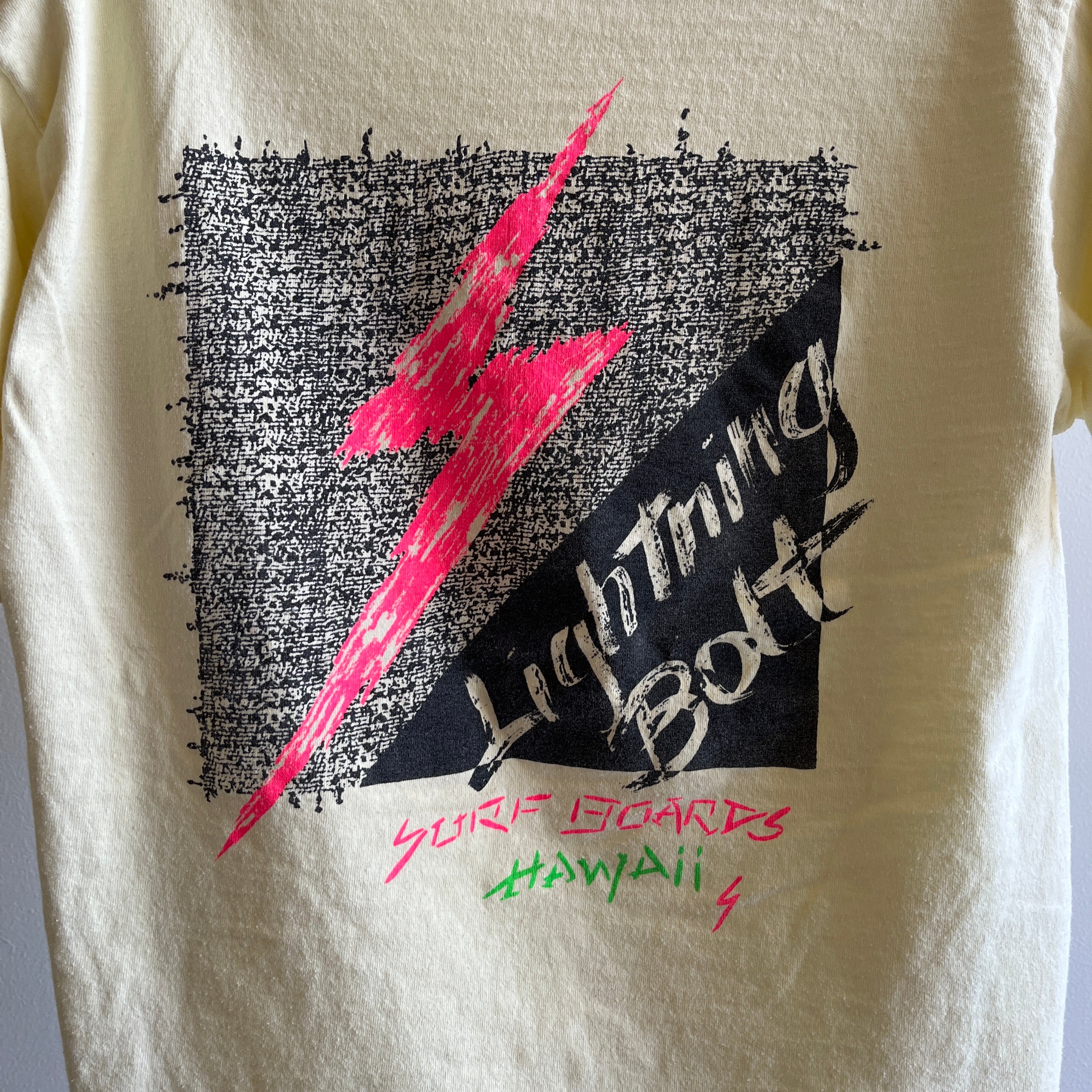 1980s Lightning Bolt Hawaii Surfboards Pale Yellow Backside Cotton T-Shirt