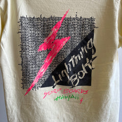 T-shirt en coton jaune pâle Lightning Bolt Hawaii Surfboards des années 1980
