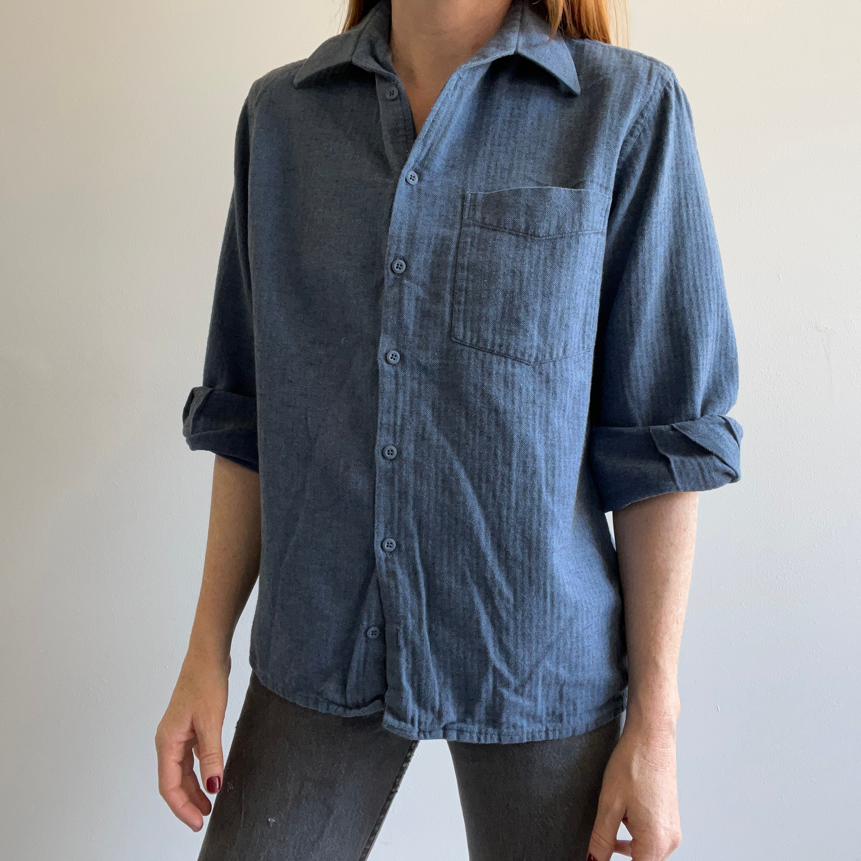 1990s Softest Ever Blue Herringbone Cotton Flannel