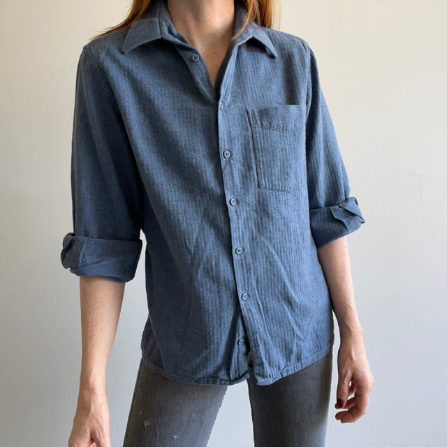 1990s Softest Ever Blue Herringbone Cotton Flannel