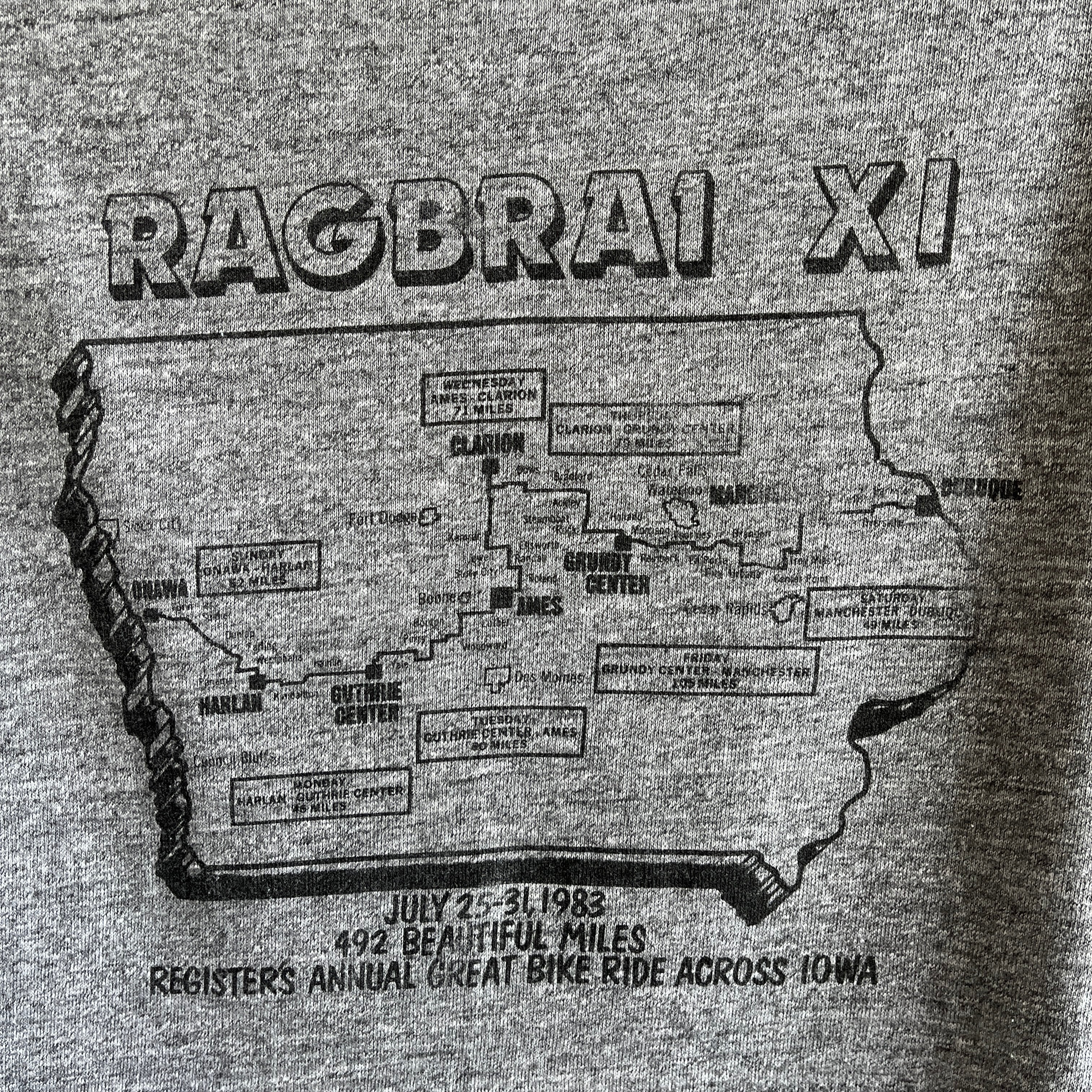 1983 Ragbrai XI 492 Mile Bike Ride in Iowa Ring T-Shirt - Front and Back