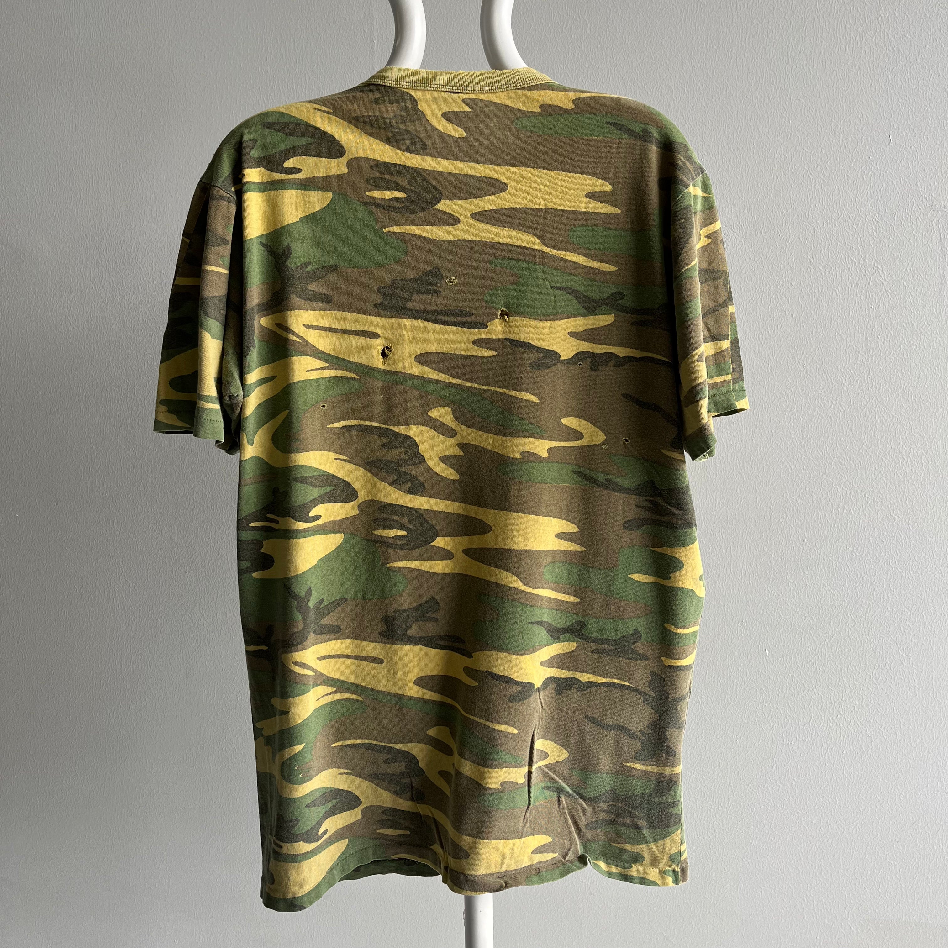 1980s Rattler's Brand Rolled Neck Epically Beat Up Cotton Camo T-Shirt