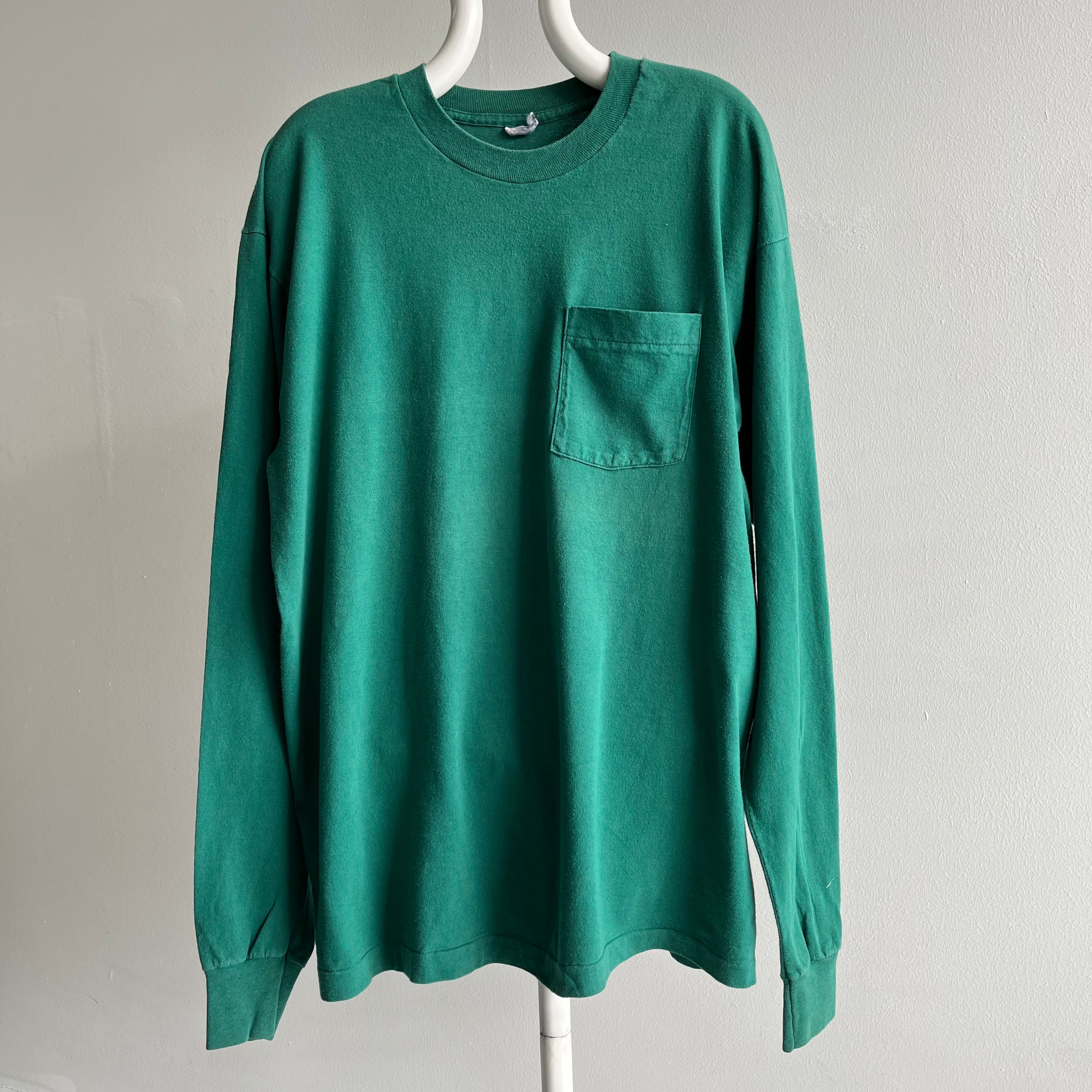 1990s XXL Dark Green Selvedge Pocket Long Sleeve T-Shirt