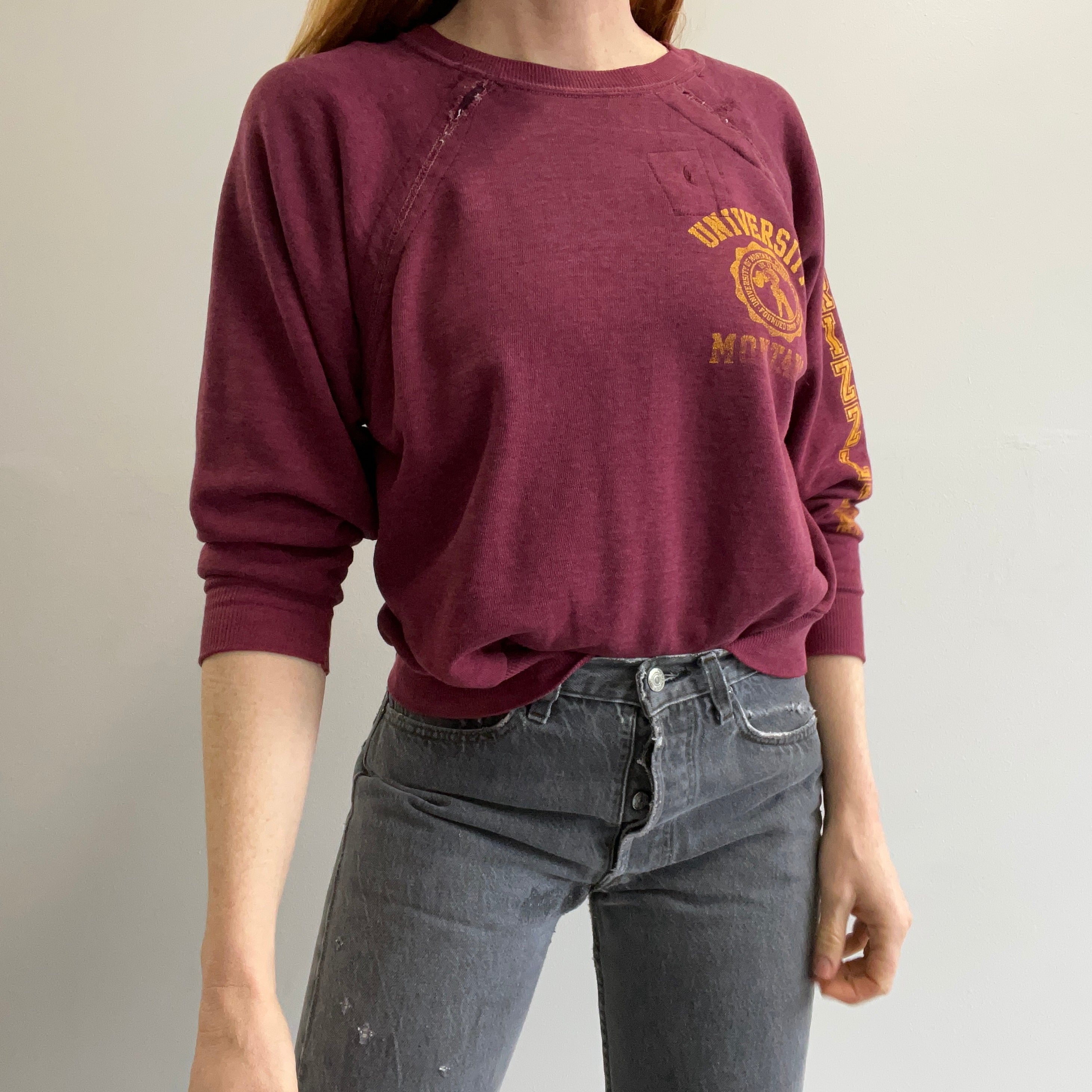1970/80s Beat Up and Mended university of Montana Sweatshirt - Personal Collection