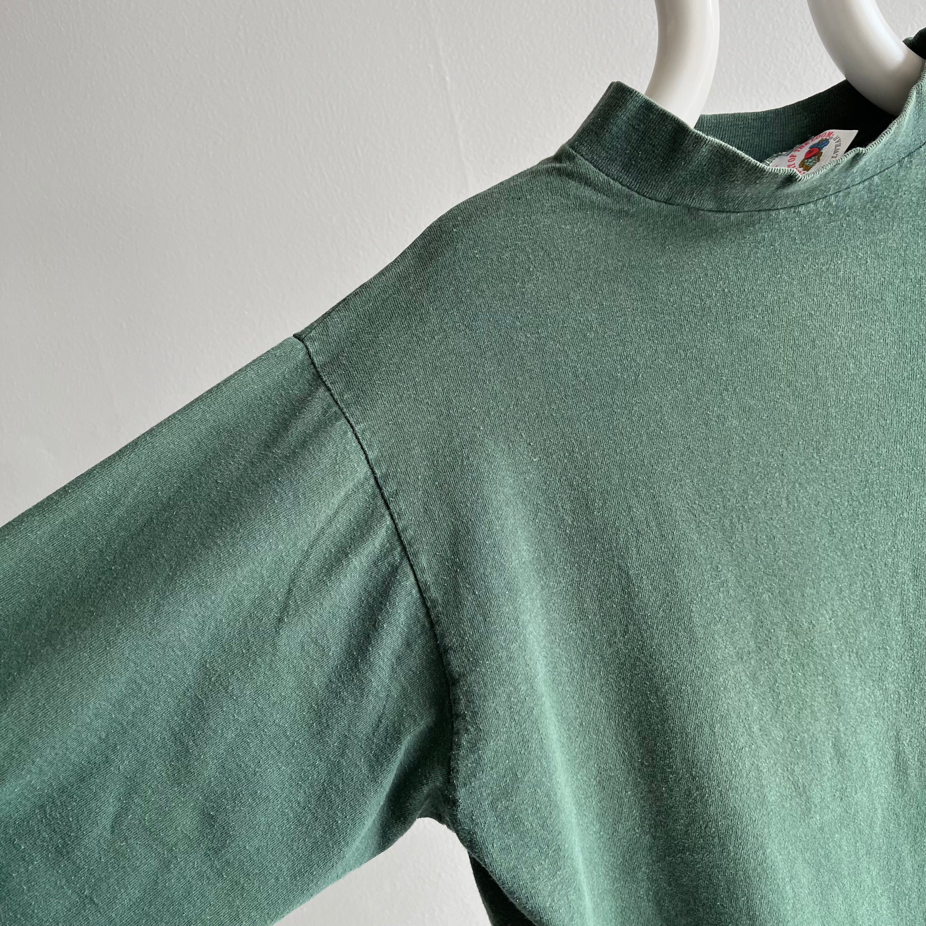 1980s FOTL Faded Dark Green Mock Neck Long Sleeve T-Shirt