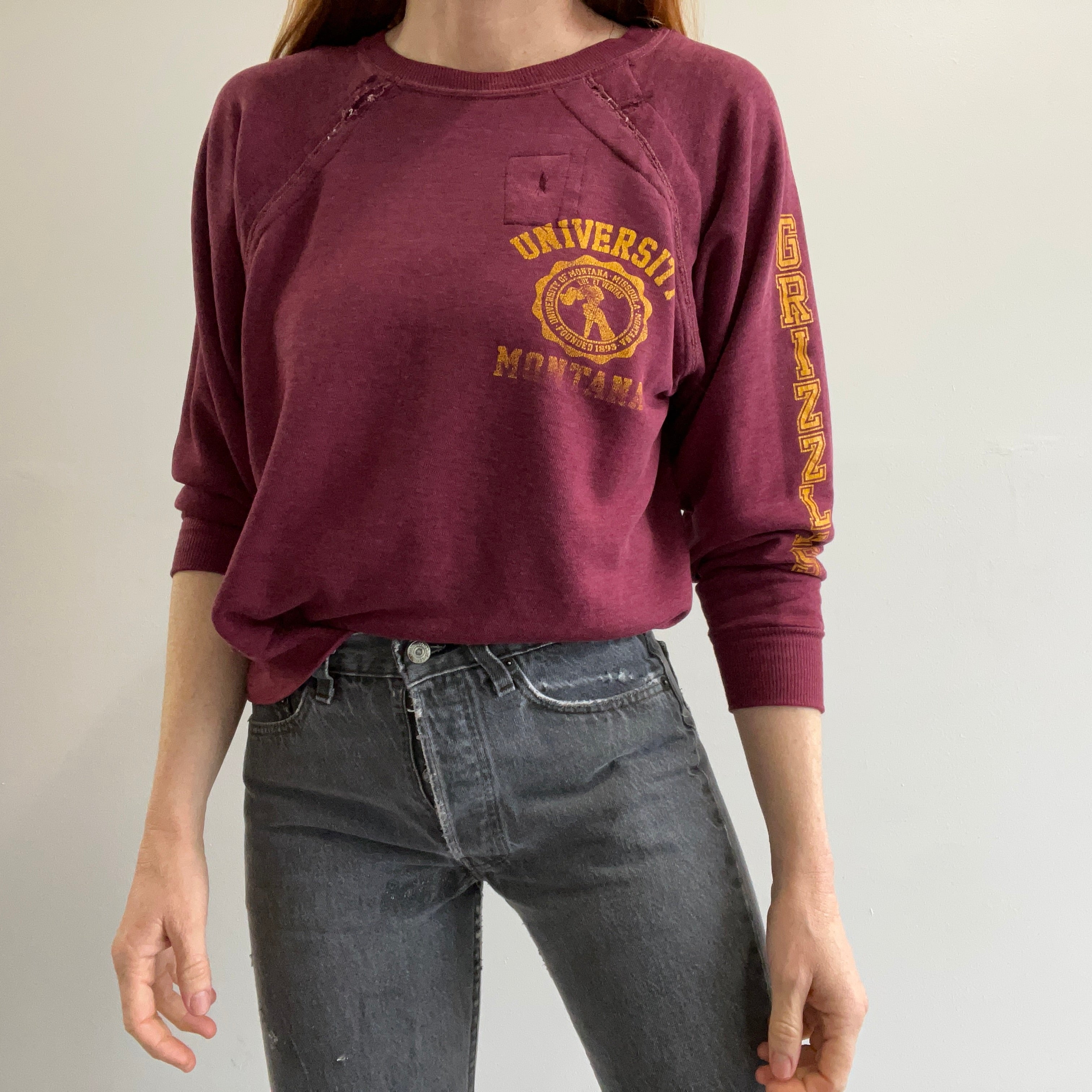 1970/80s Beat Up and Mended university of Montana Sweatshirt - Personal Collection