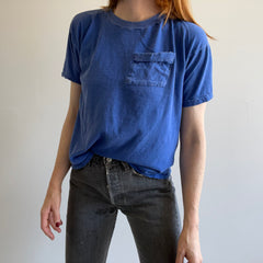 1980s Slouchy Blank Blue Knit Cotton Pocket T-Shirt