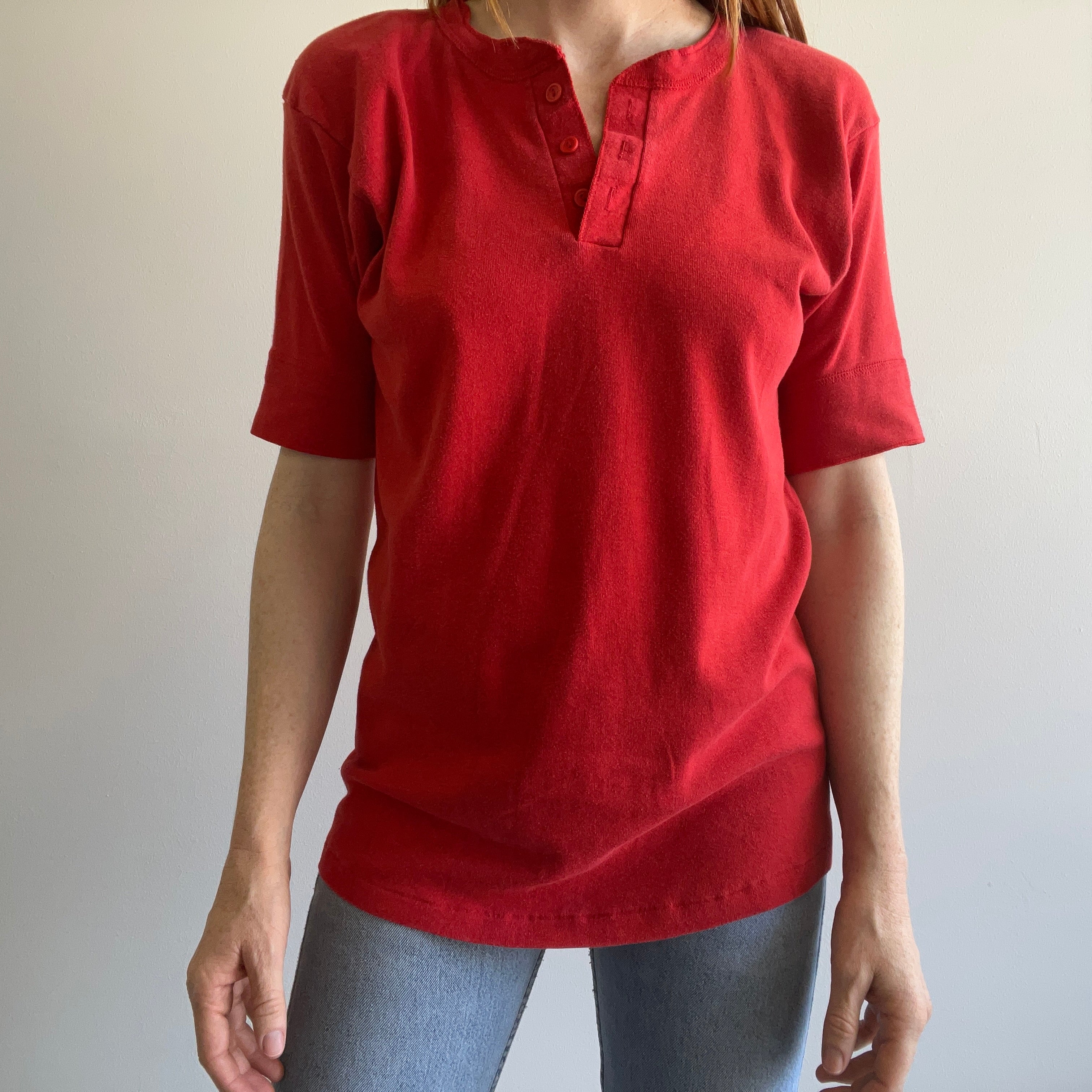 1980s Red Henley Short Sleeve T-Shirt by Wright's
