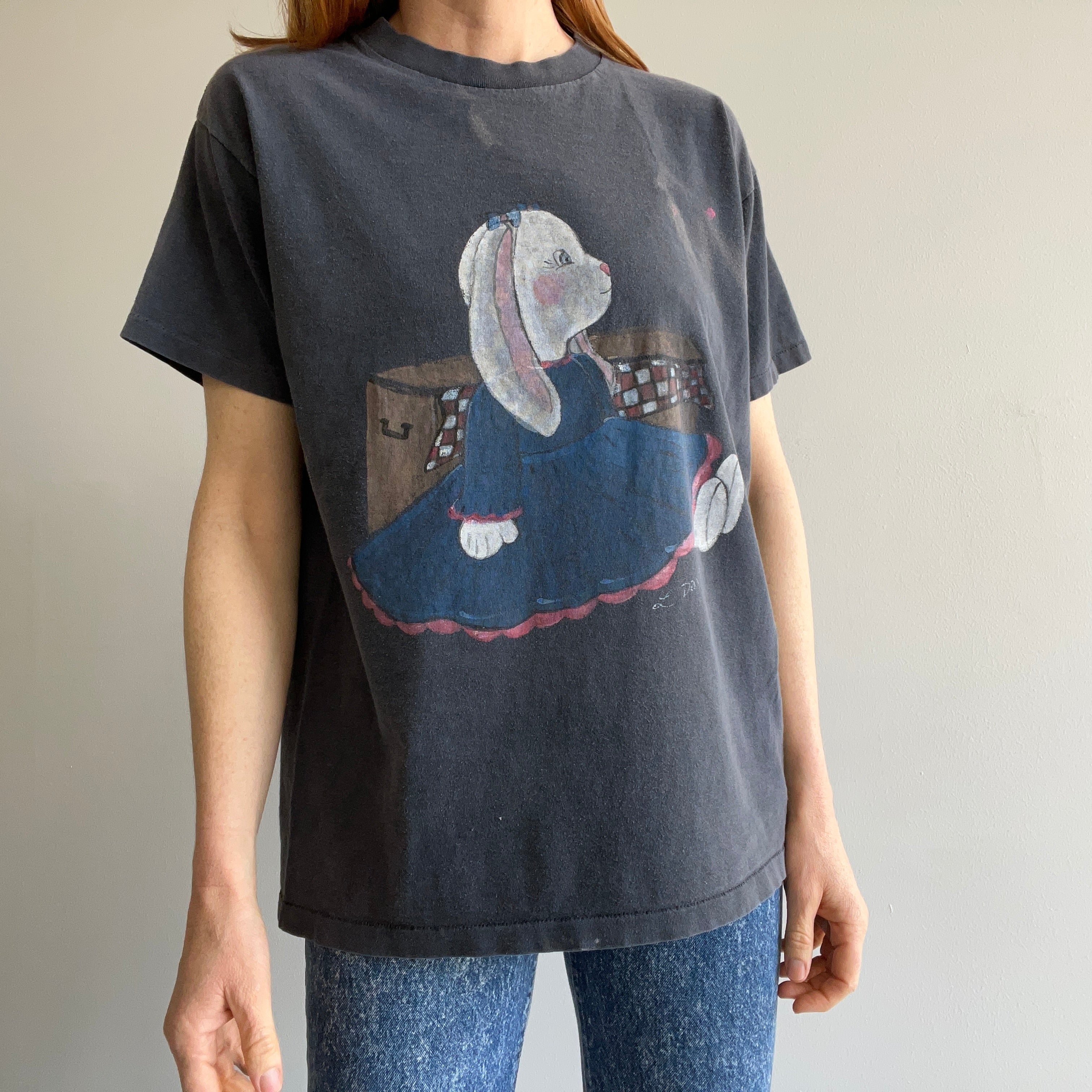 1990s Really Creepy Hand Painted Bunny in a Dress T-Shirt