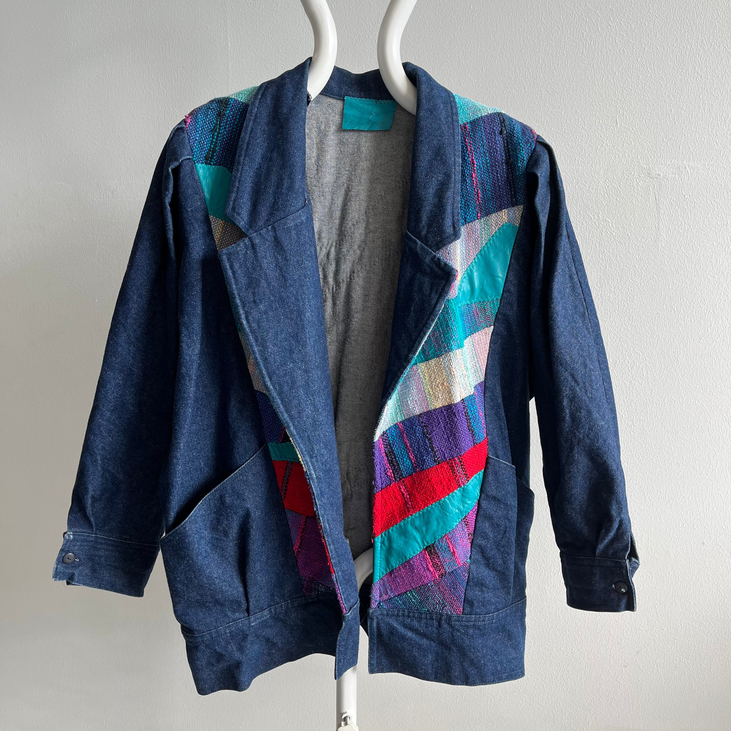 1980s Handmade One-Of-A-Kind Denim and Leather Puffer Sleeve Jean Jacket - WOWZA