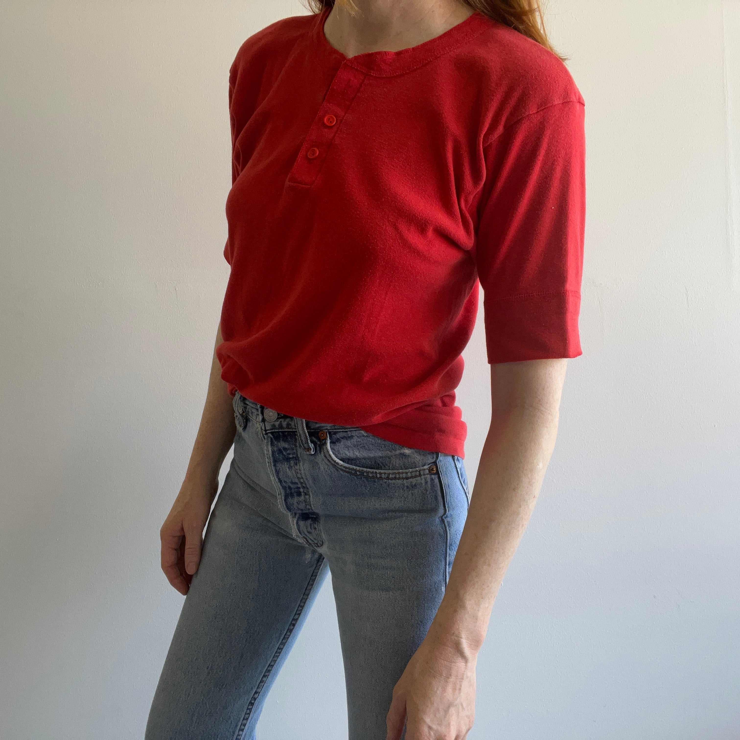 1980s Red Henley Short Sleeve T-Shirt by Wright's