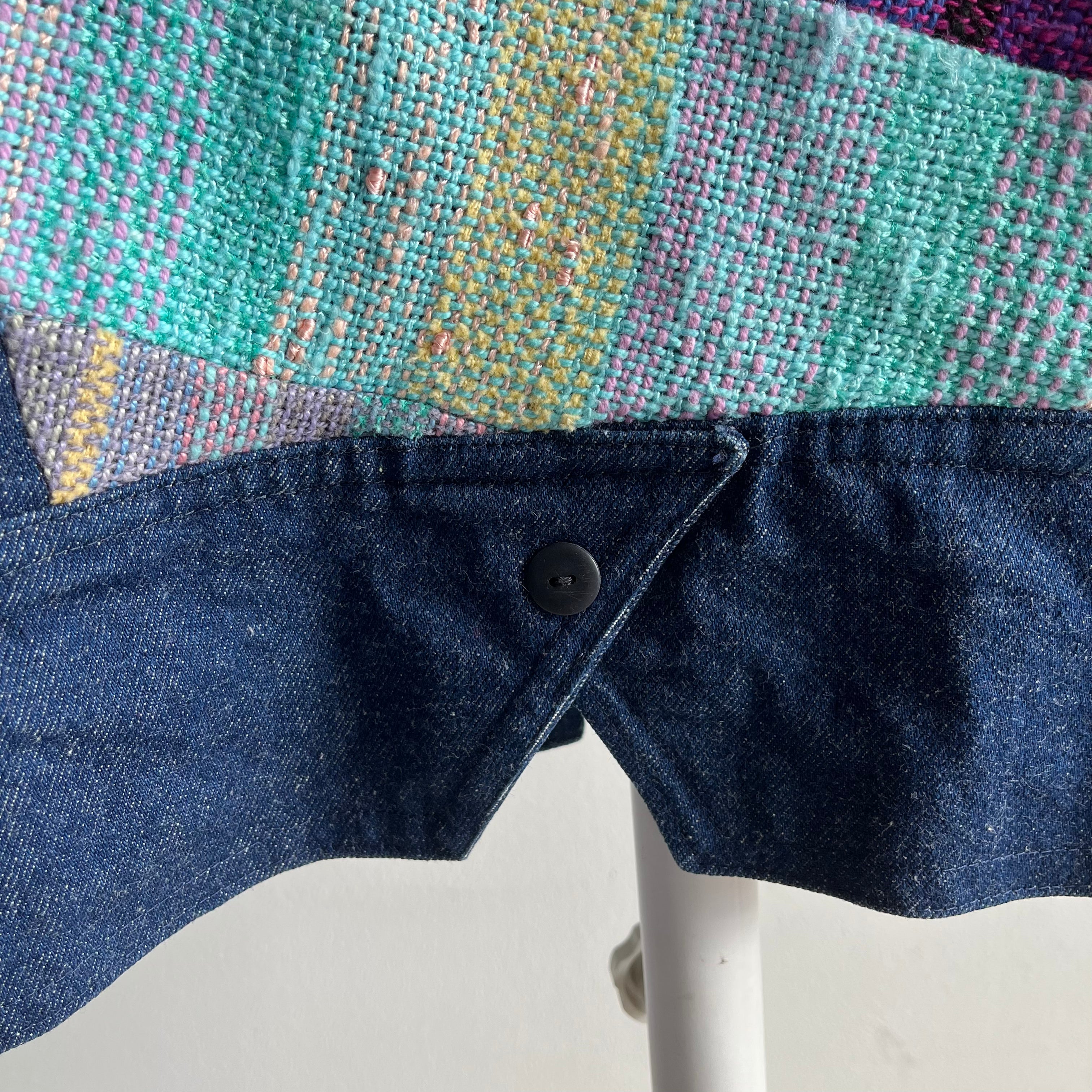 Veste en jean à manches bouffantes en cuir et en denim unique faite à la main des années 1980 - WOWZA