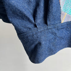Veste en jean à manches bouffantes en cuir et en denim unique faite à la main des années 1980 - WOWZA