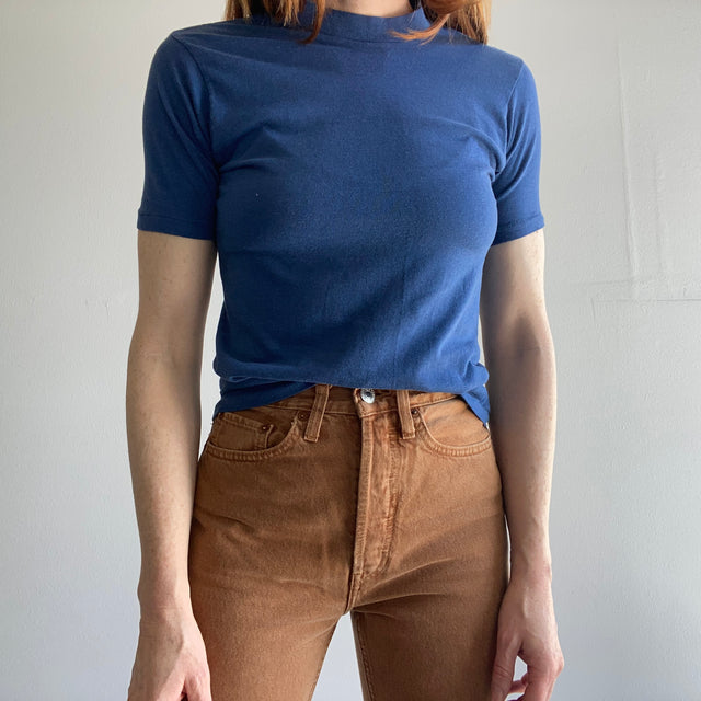 1970s Fitted (slight mock neck) Blank Navy T-Shirt - Great Cut!